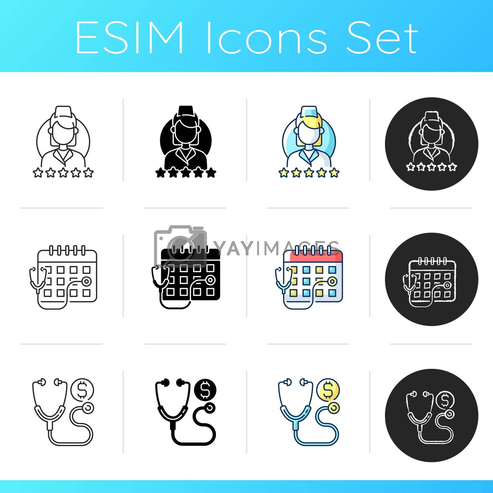 Medicine and healthcare icons set. Consultation time. Primary care doctor visit. Review doctor. Doctor check up cost. Linear, black and RGB color styles. Isolated vector illustrations