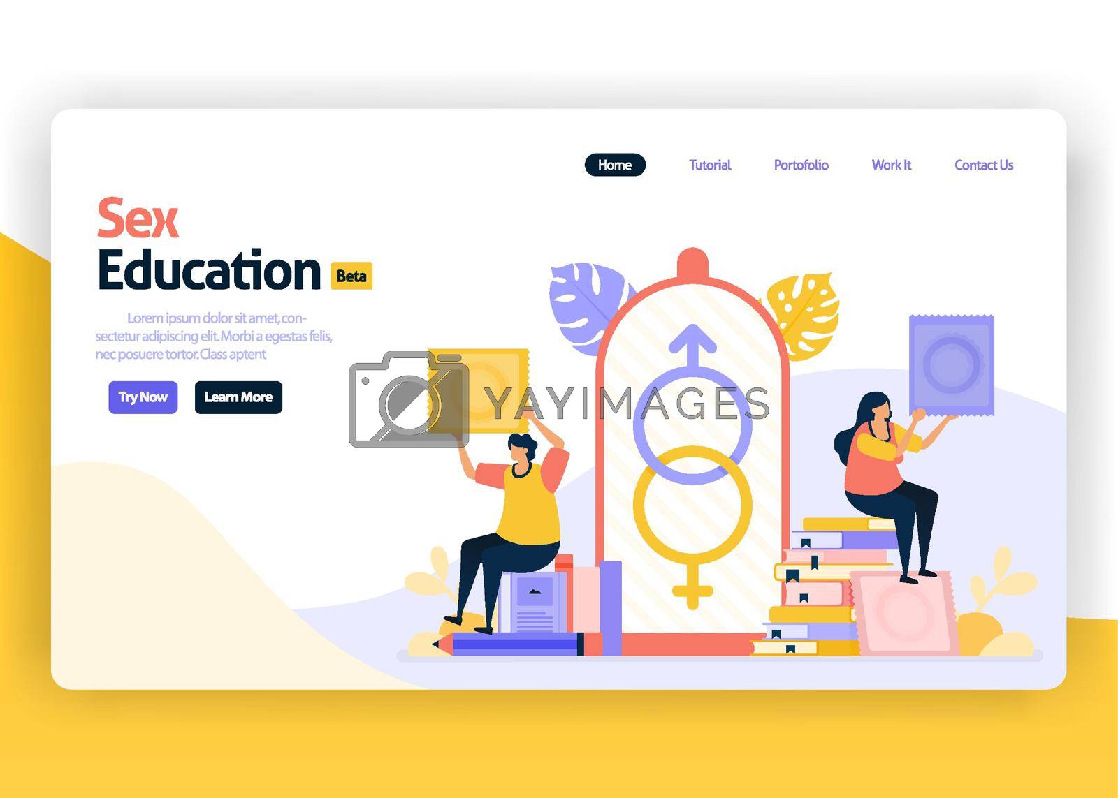 Royalty free image of Vector illustration landing page for sex education for student and school. Reproduction and sexuality for teenagers. Safe relation with condom. Web, website, landing page, mobile app, flyer, banner by yayimage
