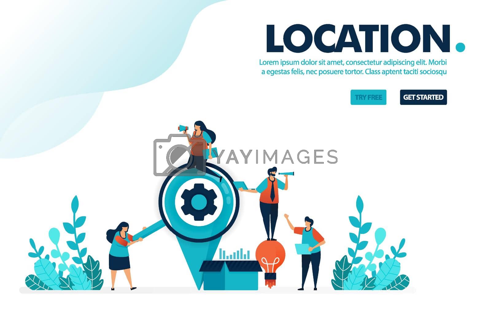 Royalty free image of Vector illustration looking for location. People looking for locations to send idea box. Location pin for delivery and business service. Designed for landing page, web, banner, template, flyer, poster by yayimage