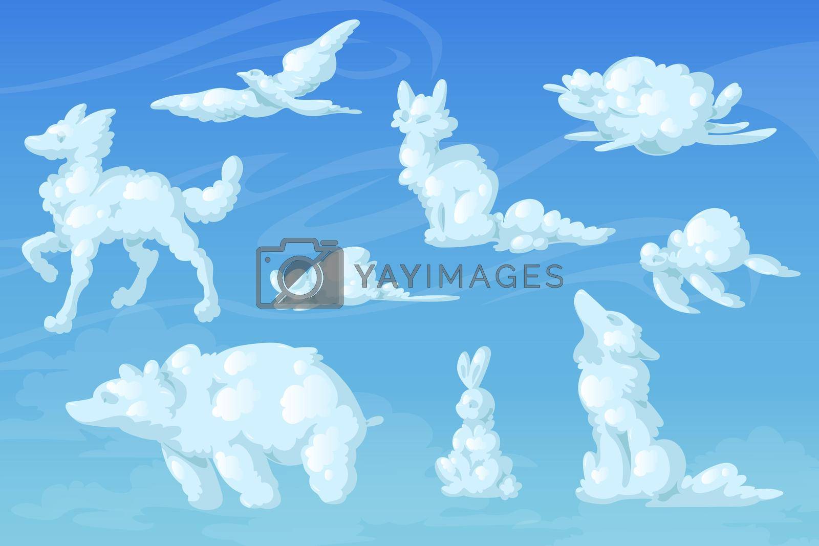 White clouds in shape of cute animals. Fox, dog, bear, little mouse, turtle, wolf, bird and rabbit silhouettes on background of blue sky. Vector realistic soft fluffy clouds in form of funny animals