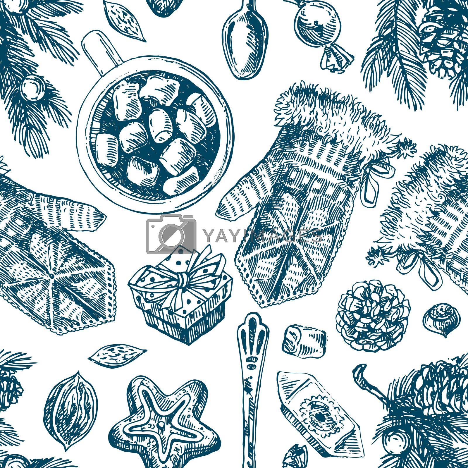 Hand drawn sketch seamless pattern christmas food. Sketch style drawing. Us for Invitations, flyers, postcards, web etc
