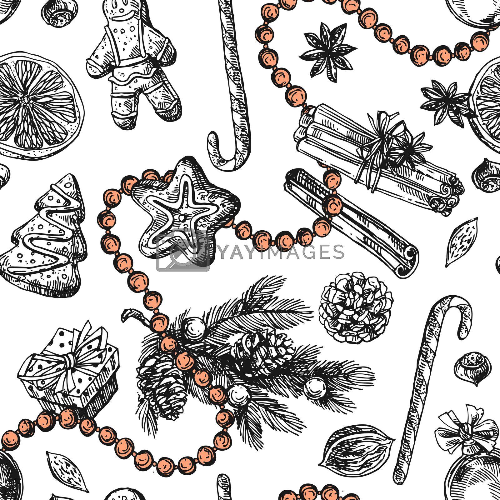 Hand drwan sketch illustration christmas food. Sketch style seamless pattern. Us for Invitations, flyers, postcards, web etc