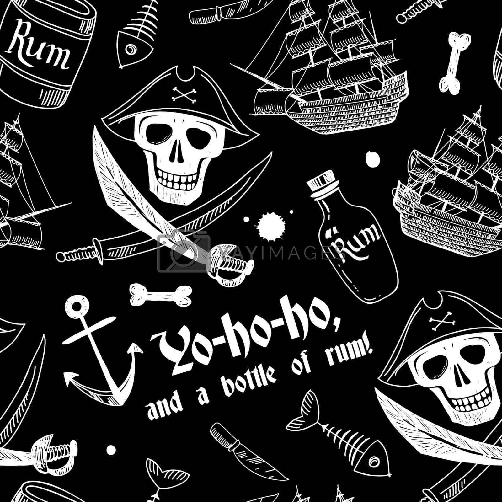 Royalty free image of Pirate Skulls with Crossed Swords Seamless Pattern in Black & WHite by steshnikova