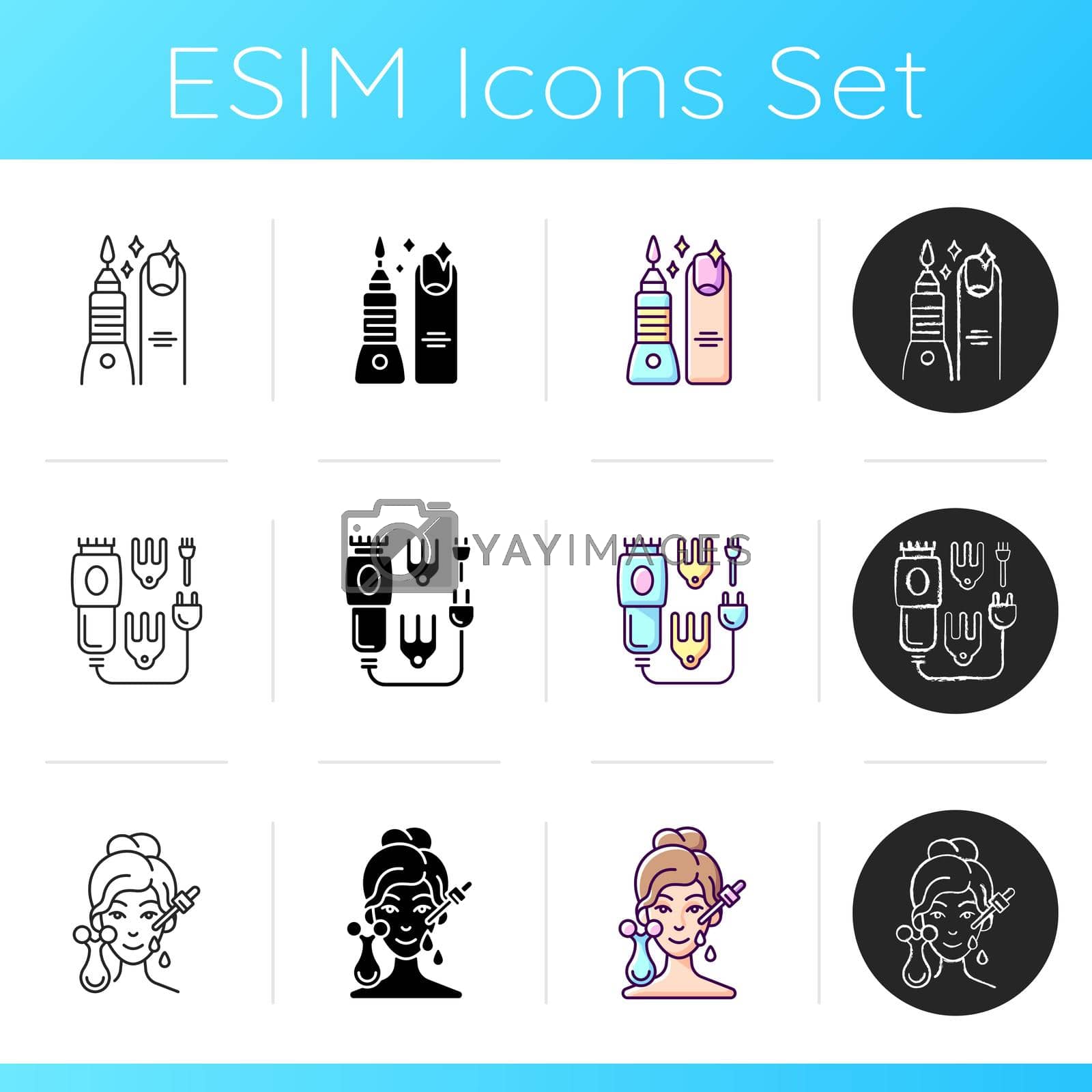 Beauty appliances icons set. Manicure and pedicure. Electric hair clippers. Micro current massager. Nail polish. Hair trimmer. Linear, black and RGB color styles. Isolated vector illustrations