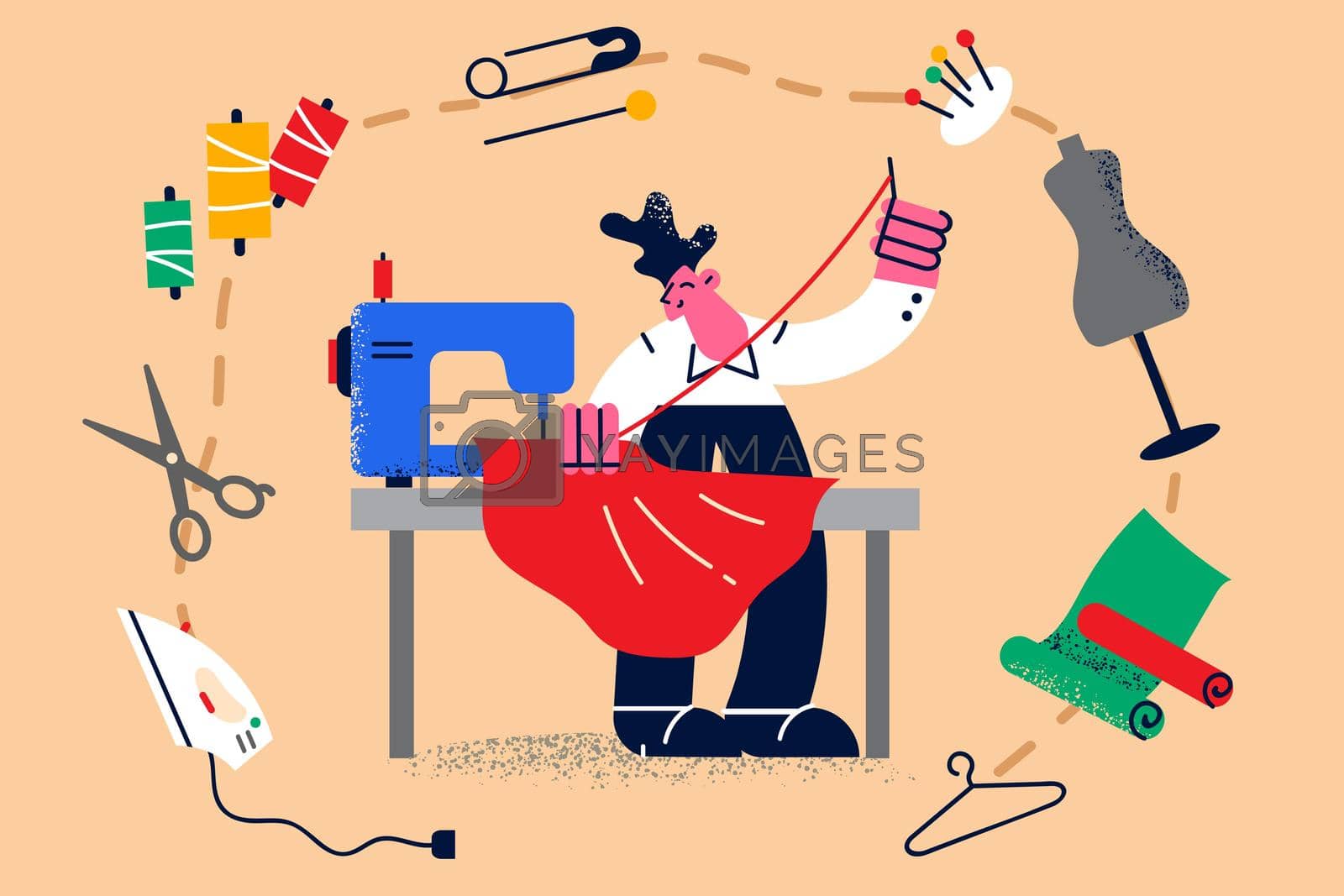 Man tailor stand at desk in workshop sew create new garment designs. Male dressmaker or designer work in fashion studio or atelier. Style and dressmaking. Vector illustration, cartoon character.