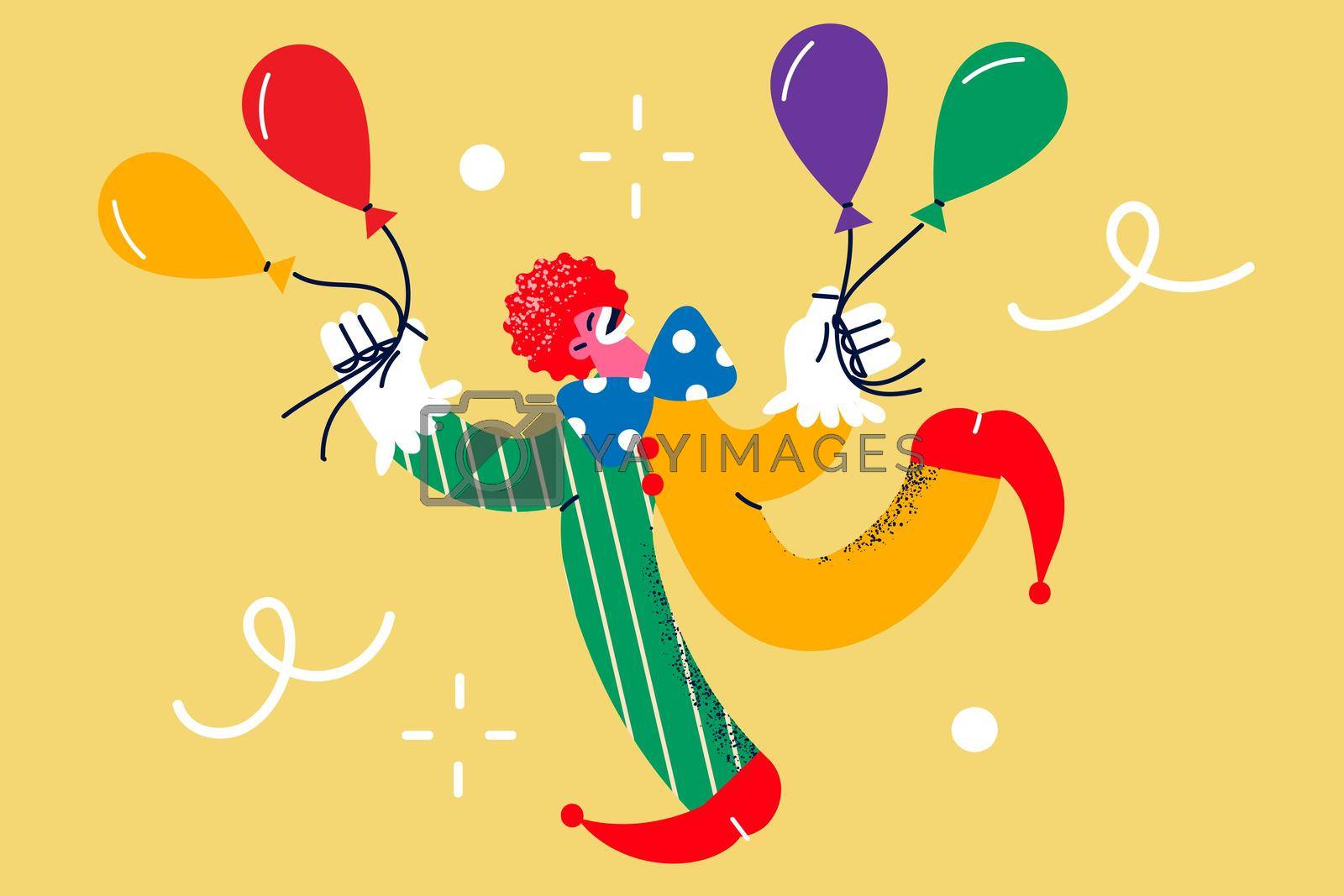 Overjoyed clown hold balloons have fun congratulate greet people on party. Smiling comic person amusement entertainment in circus. Comedian cartoon character. Flat vector illustration.