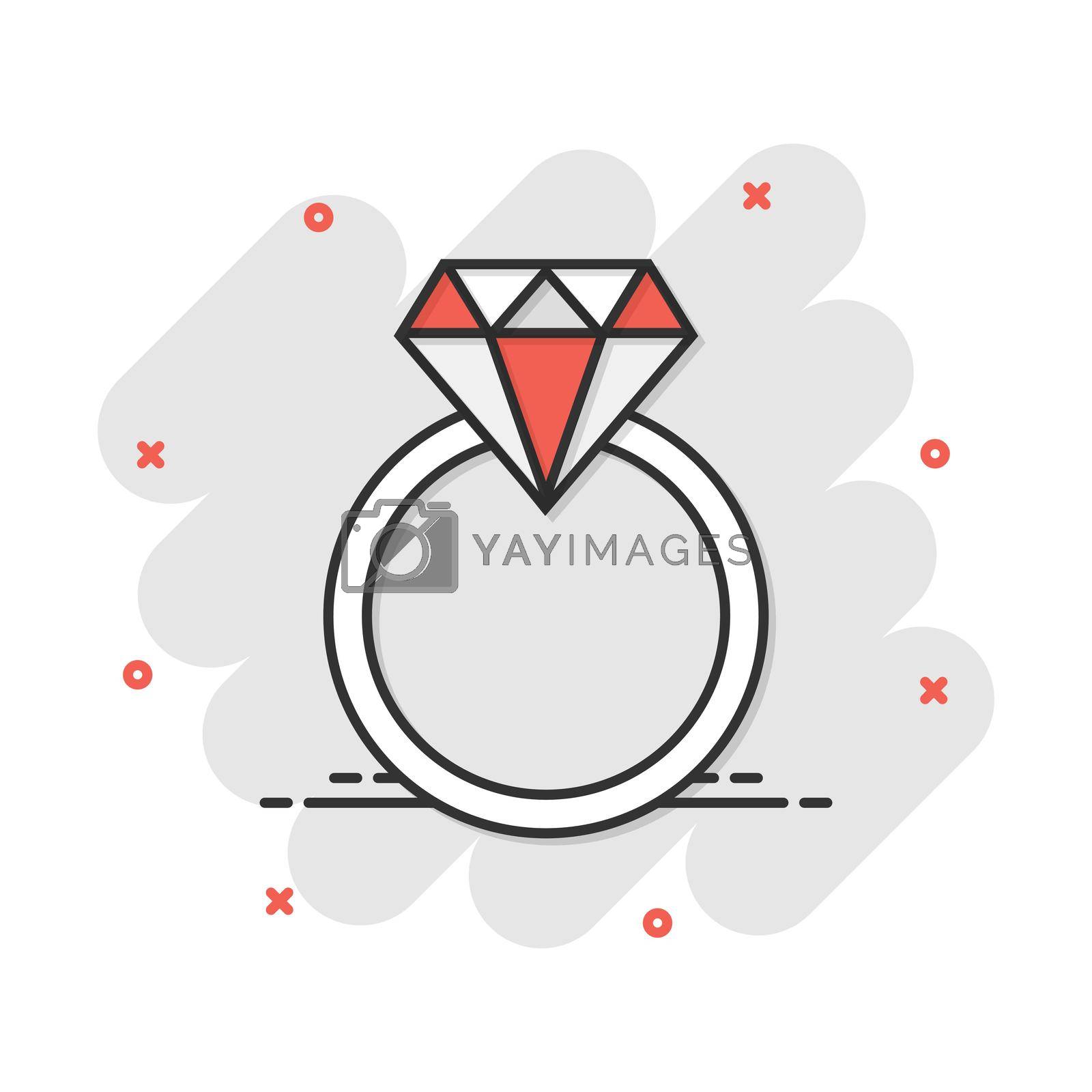 Vector cartoon engagement ring with diamond icon in comic style. Wedding jewelery ring illustration pictogram. Romance relationship business splash effect concept.