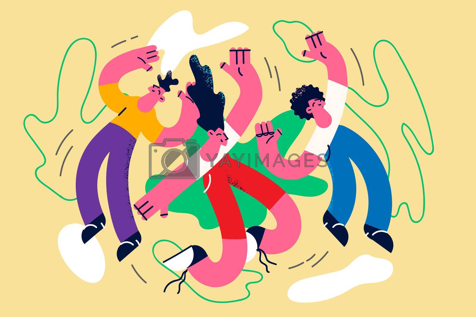 Overjoyed young people have fun dance on party together. Happy friends rest relax enjoy celebration in group. Recreation and relaxation. Entertainment concept. Flat vector illustration.