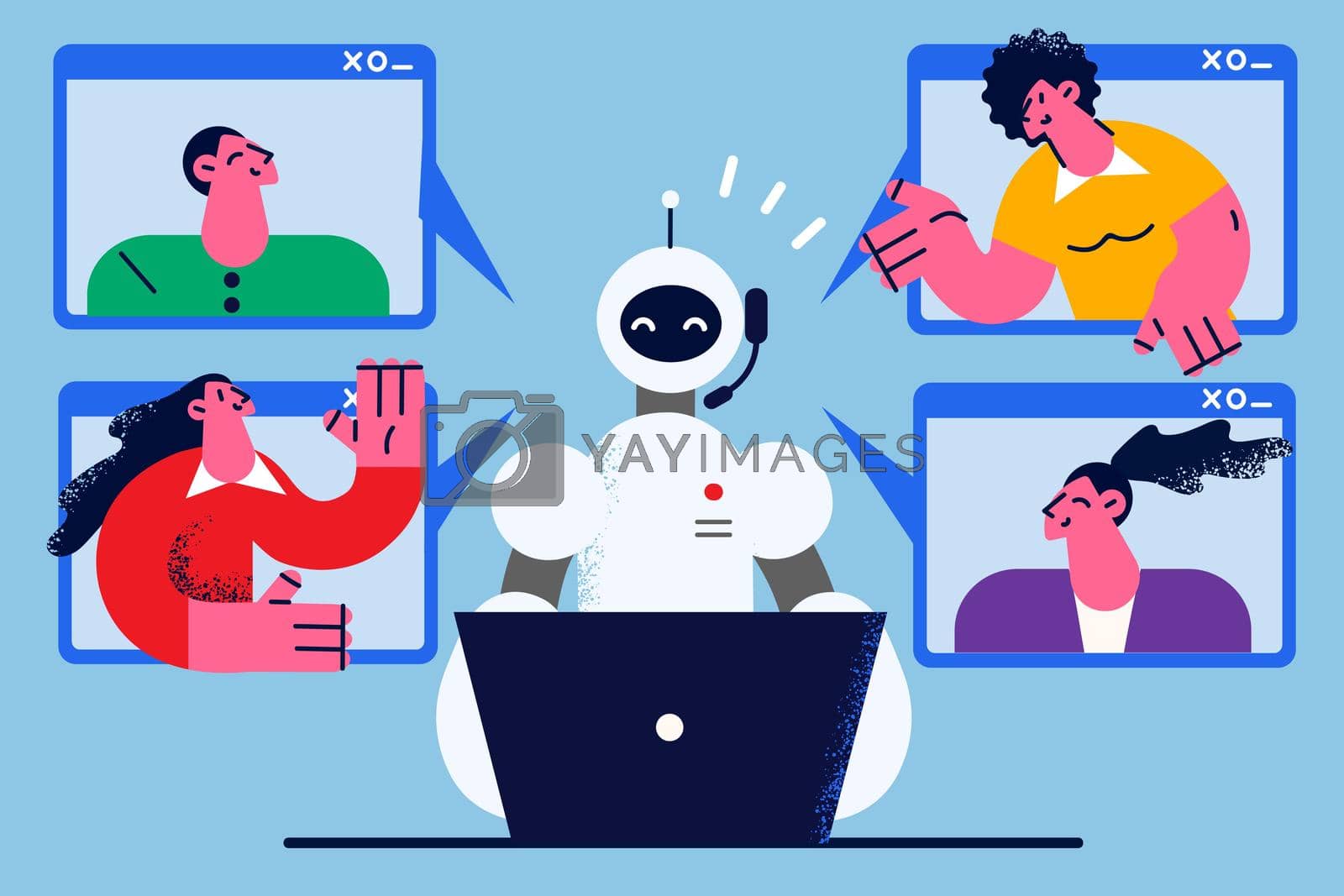 Robot assistant talk on video call with diverse students on computer. Robotic teacher or tutor with artificial intelligence have webcam call with people on laptop. Technology. Vector illustration.