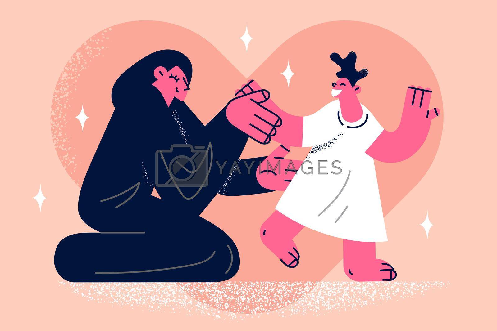 Loving muslim mother play caress small child. Caring happy moslem mom enjoy time with little kid daughter. Islamic culture. Faith and religion concept. Multicultural world. Flat vector illustration.