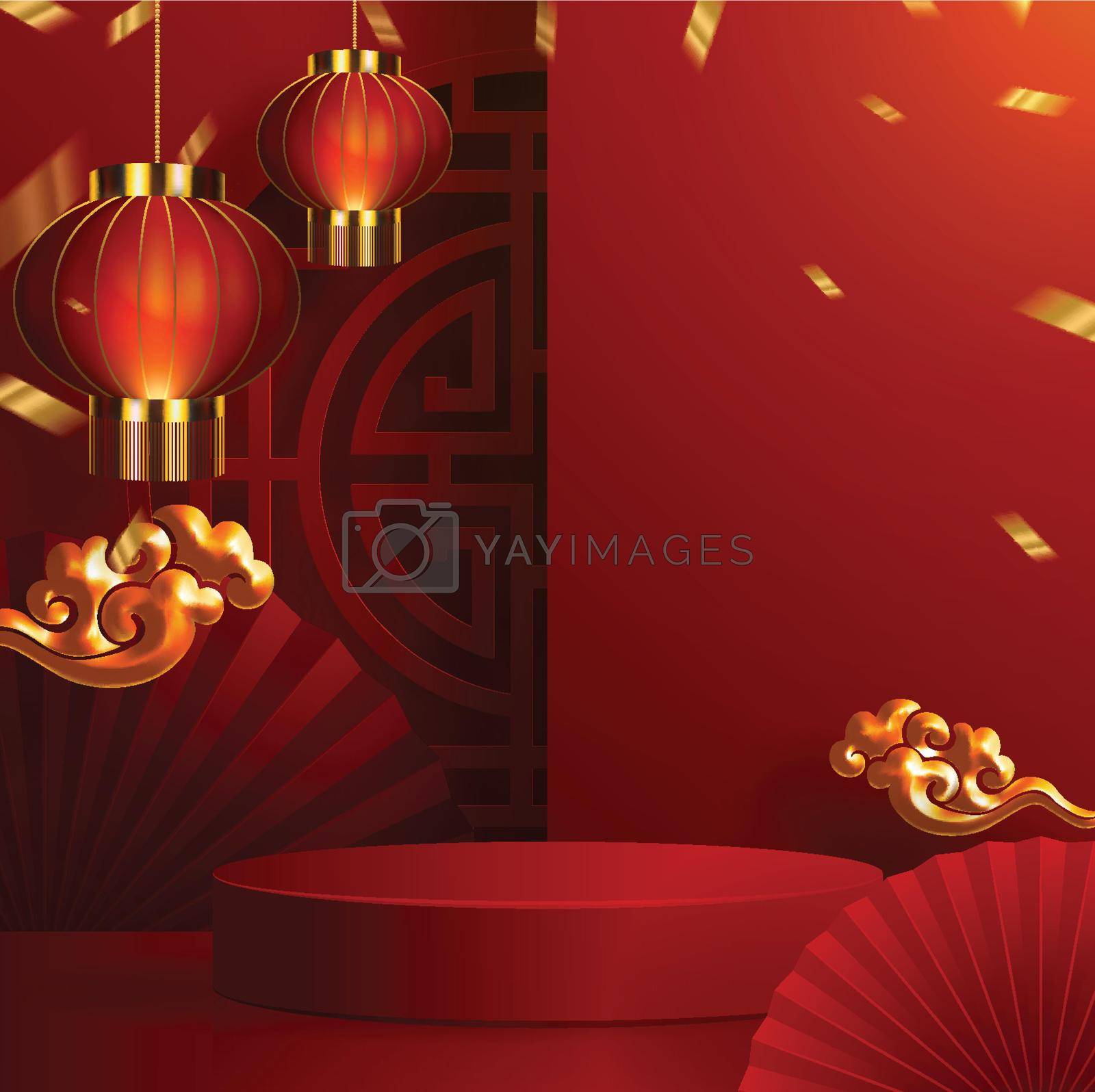 Royalty free image of 3d Podium round, square box stage podium and paper art Chinese new year,Chinese Festivals, Mid Autumn Festival, red paper cut, fan, flower and asian elements with craft style on background. by SiamVector