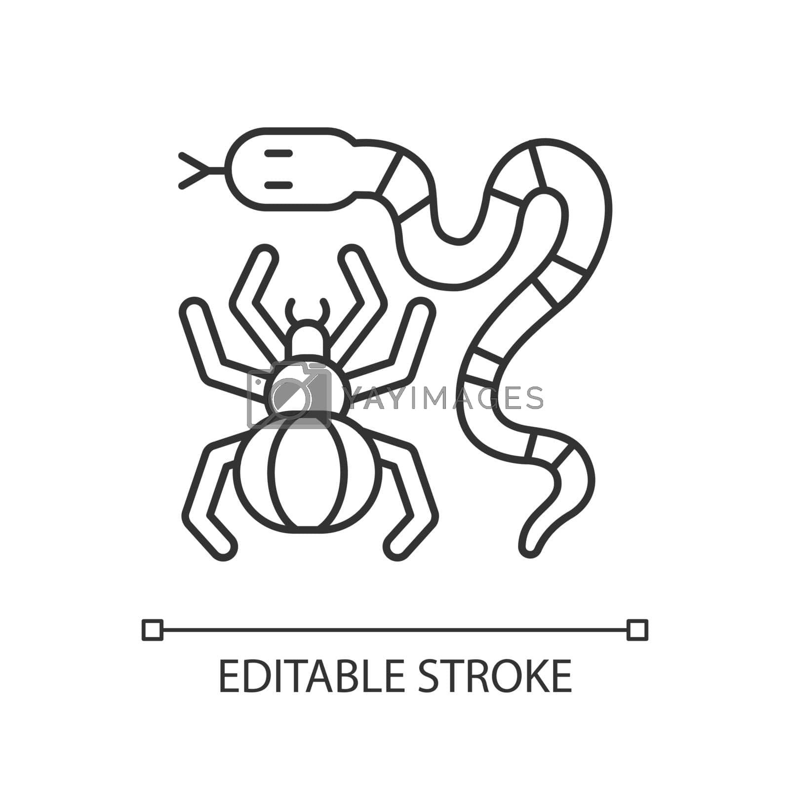 Dangerous animals linear icon. Exotic pets. Poisonous snakes and venomous spiders. Thin line customizable illustration. Contour symbol. Vector isolated outline drawing. Editable stroke
