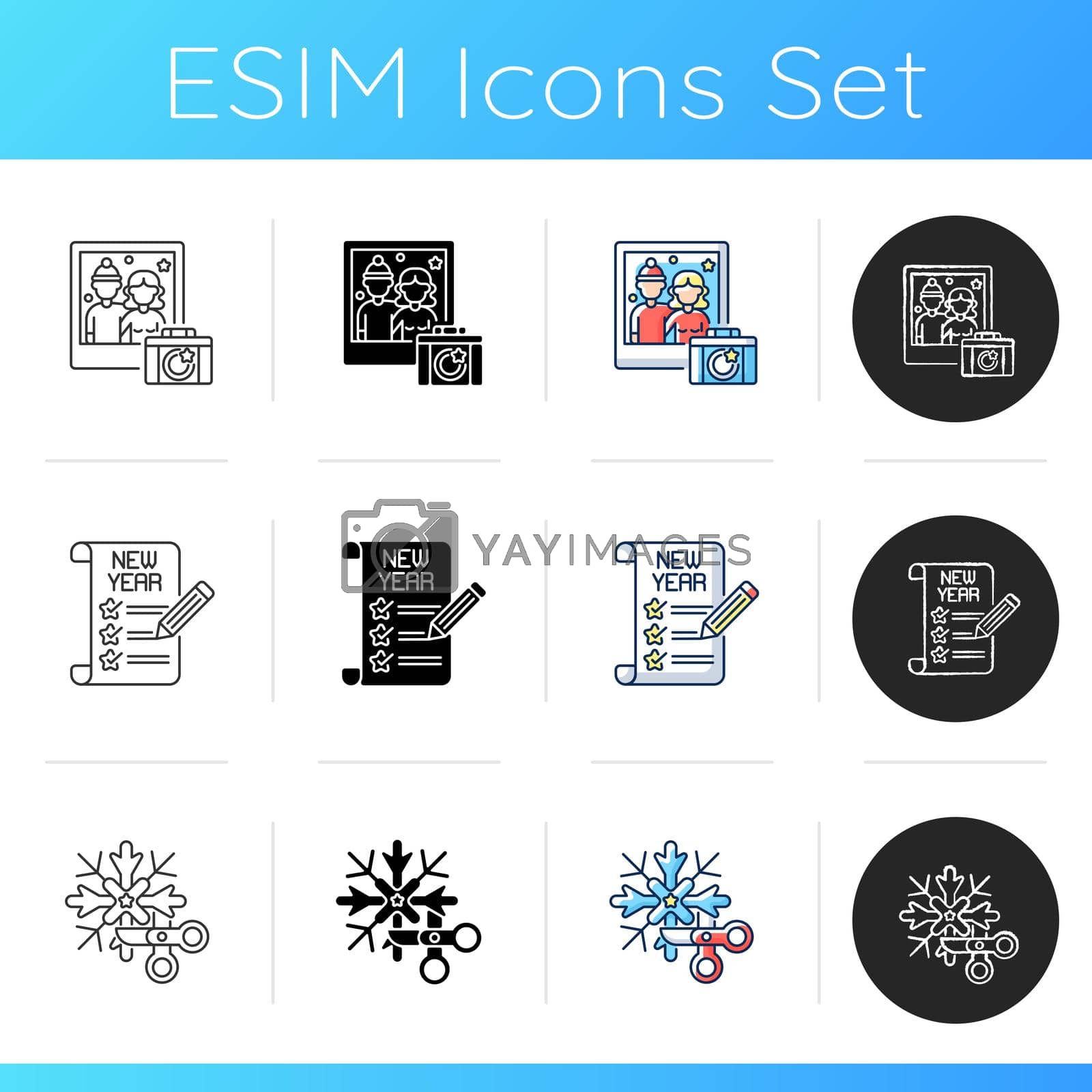 New Year celebration icons set. Family winter photography. Annual resolution. DIY snowflake. Handmade ornate decoration. Linear, black and RGB color styles. Isolated vector illustrations