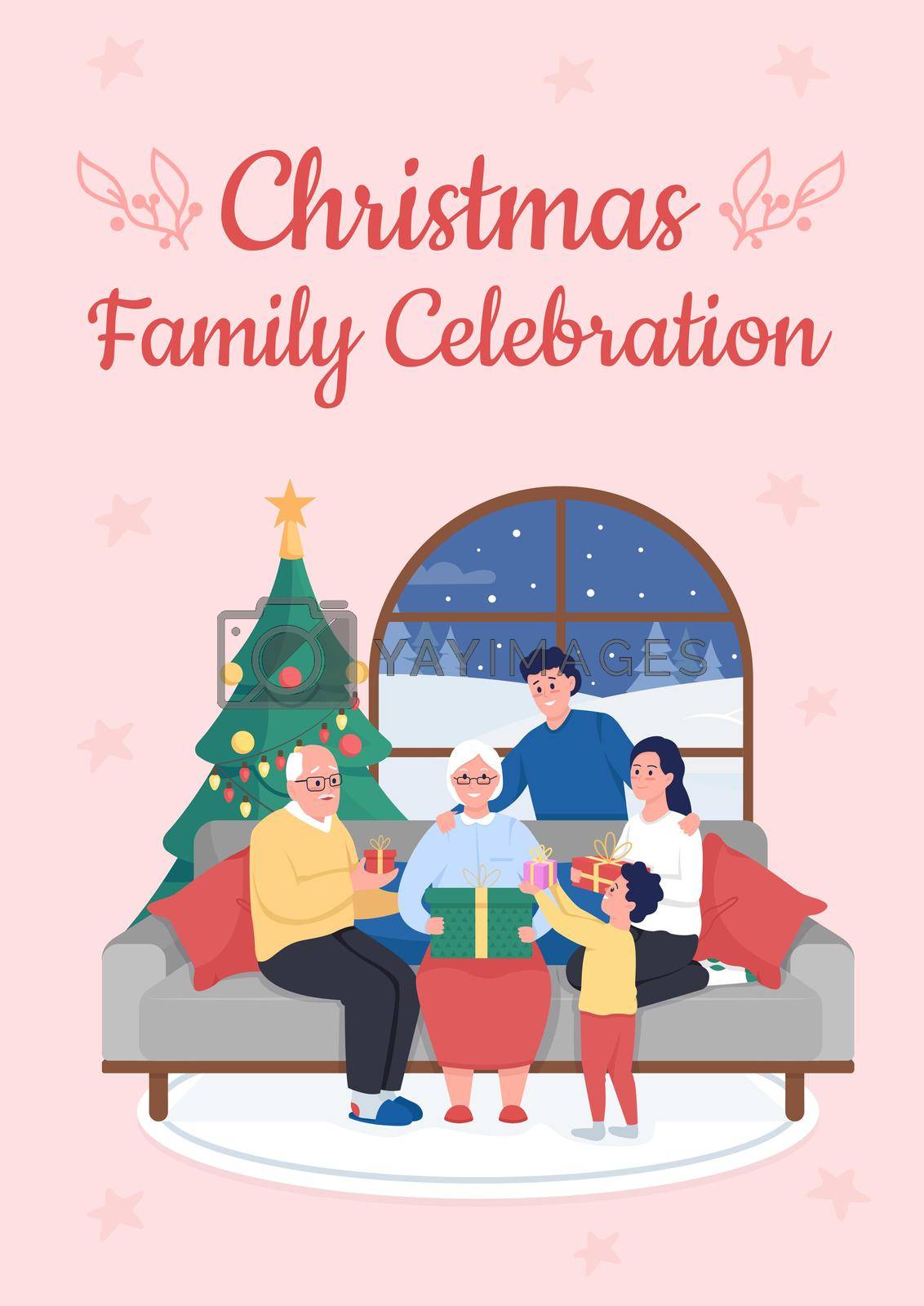 Christmas family celebration poster flat vector template. Festive day. Brochure, booklet one page concept design with cartoon characters. Winter season holidays flyer, leaflet with copy space