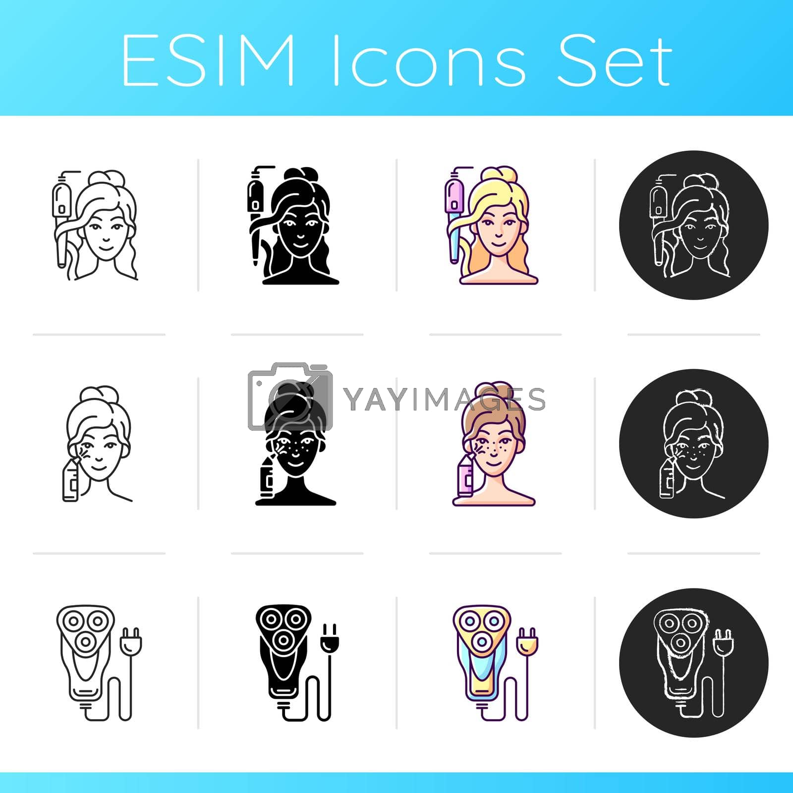 Beauty gadgets icons set. Curling iron. Blackhead remover. Electric shaver. Pore retexturizing. Trimmer. Hair tong. Dry razor. Linear, black and RGB color styles. Isolated vector illustrations