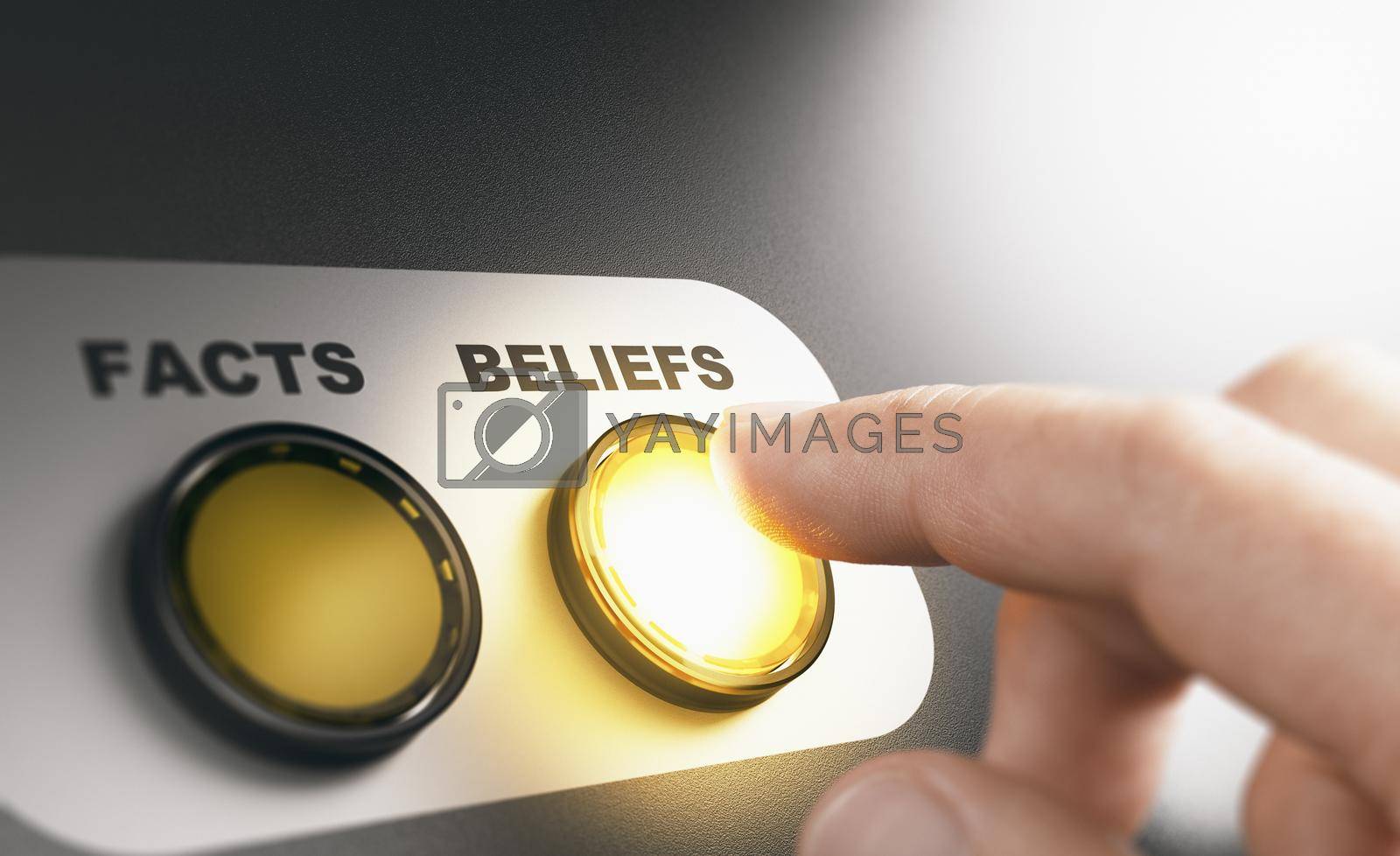 Finger pressing a button with the word beliefs intead of facts during a cognitive psychological experiment. Composite image between a hand photography and a 3D background.
