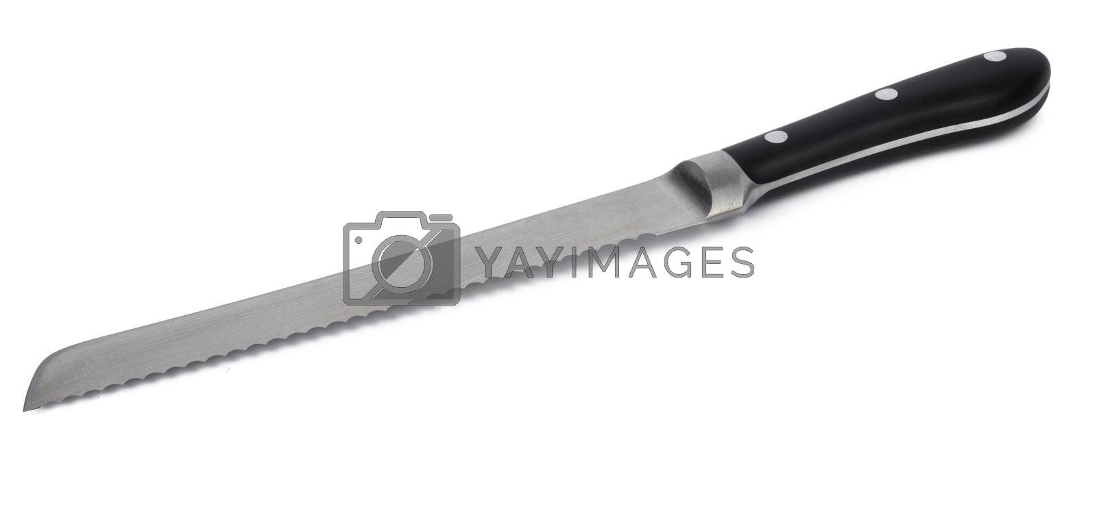 Royalty free image of New sharp metal knife on white background by Fabrikasimf