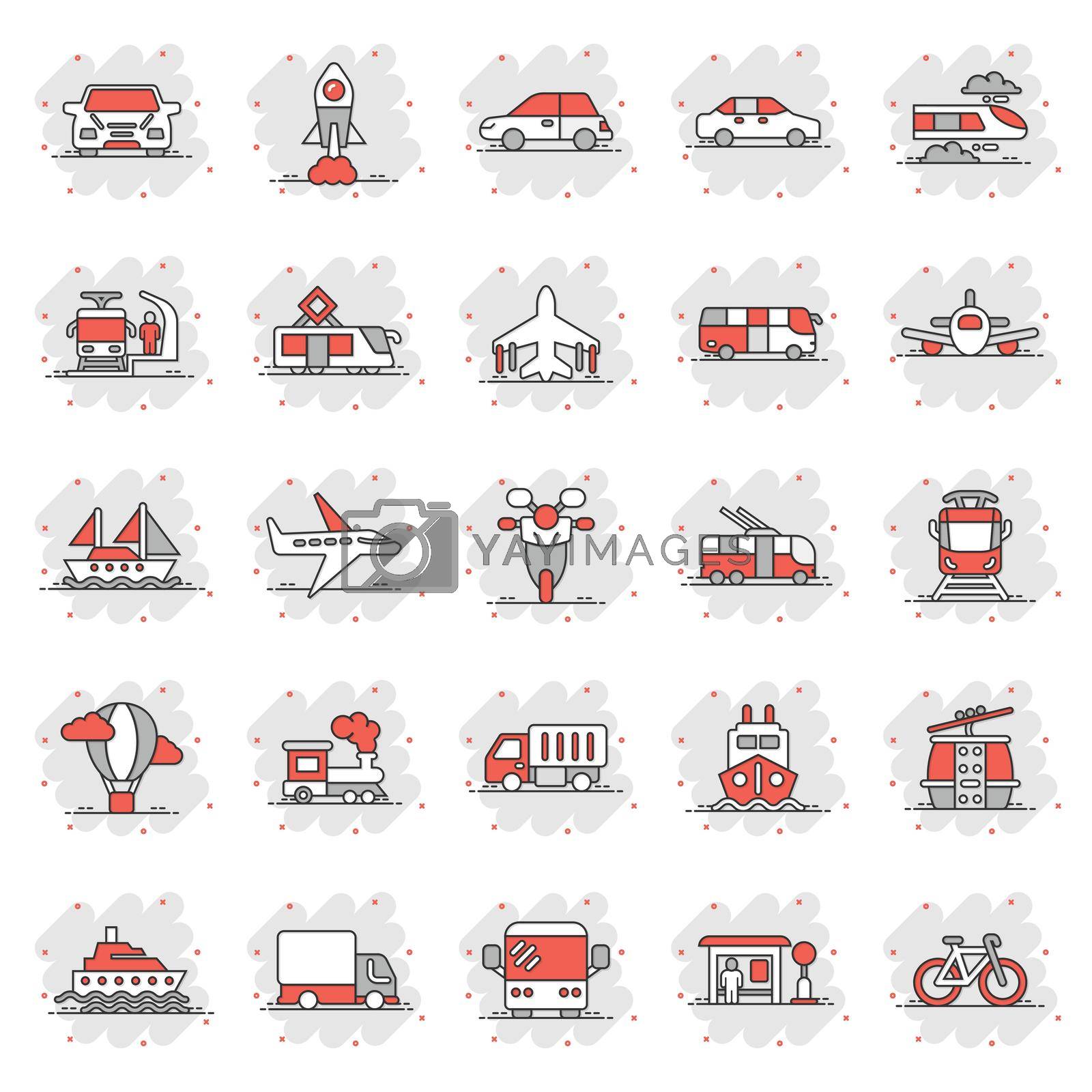 Transport icon set in comic style. Car vector cartoon collection illustration on white isolated background. Shipping transportation splash effect business concept.