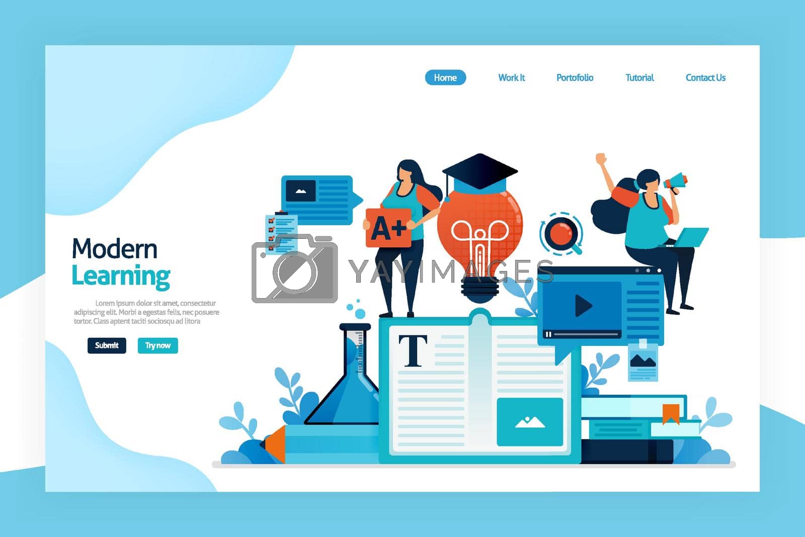 Royalty free image of Landing page of modern learning. Educational process to acquiring idea, modifying knowledge, behaviors, skills, values, literacy, preferences with technology. designed for website, mobile apps, poster by yayimage