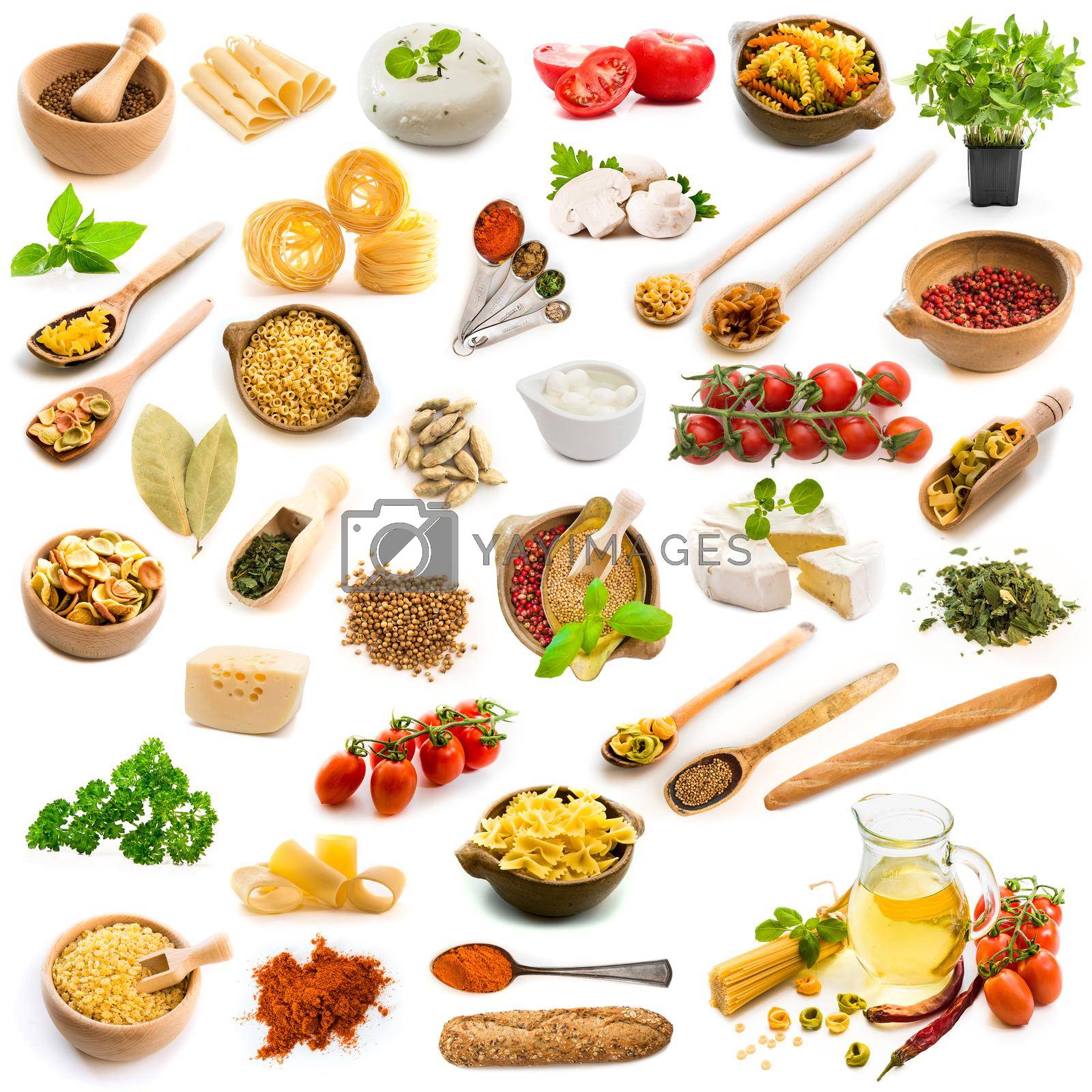 collage food ingredients Italian cuisine on a white background