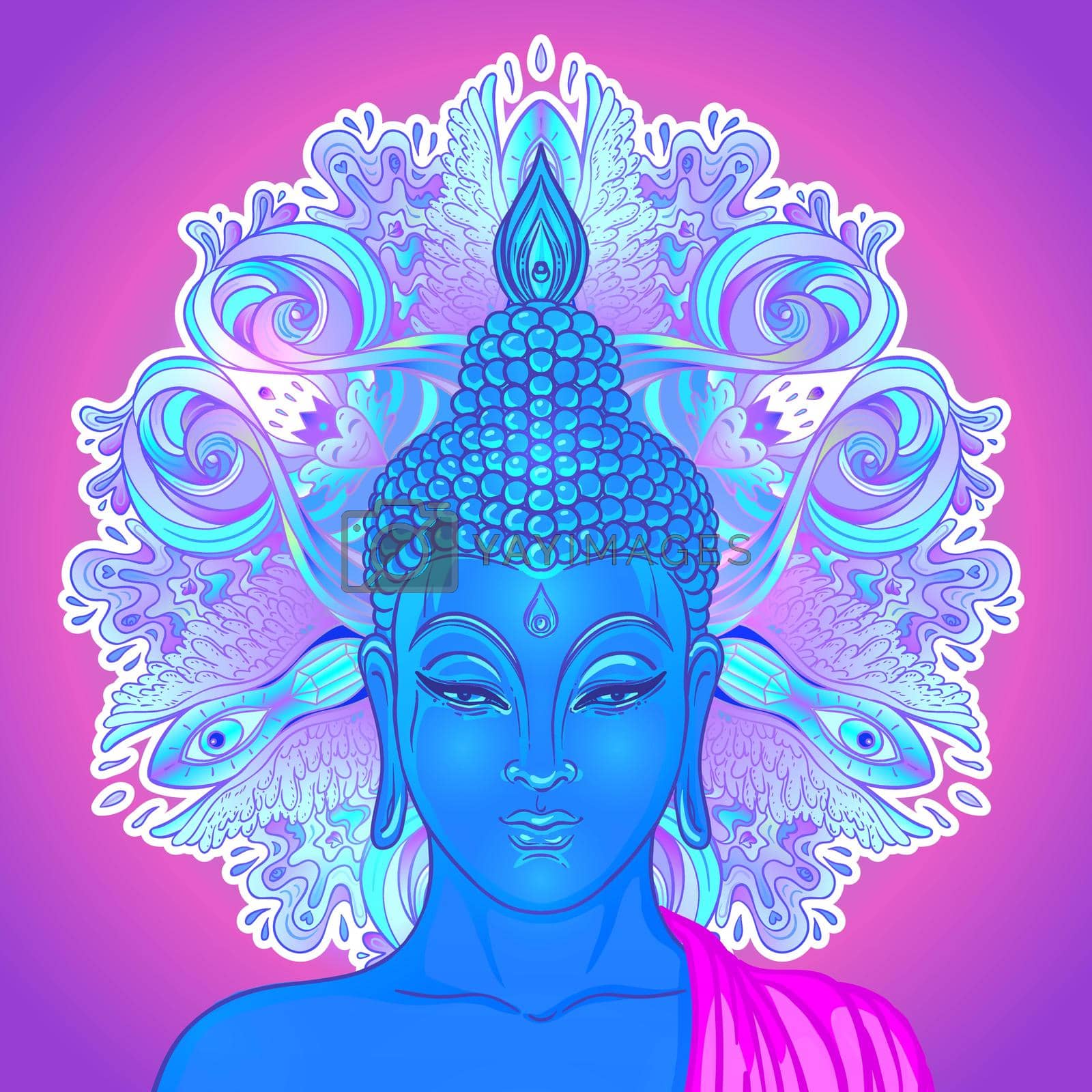 Royalty free image of Sitting Buddha silhouette over ornamental mandala flower. Esoteric vector illustration. Vintage decorative, Indian, Buddhism, spiritual art. Hippie tattoo, spirituality, by varka