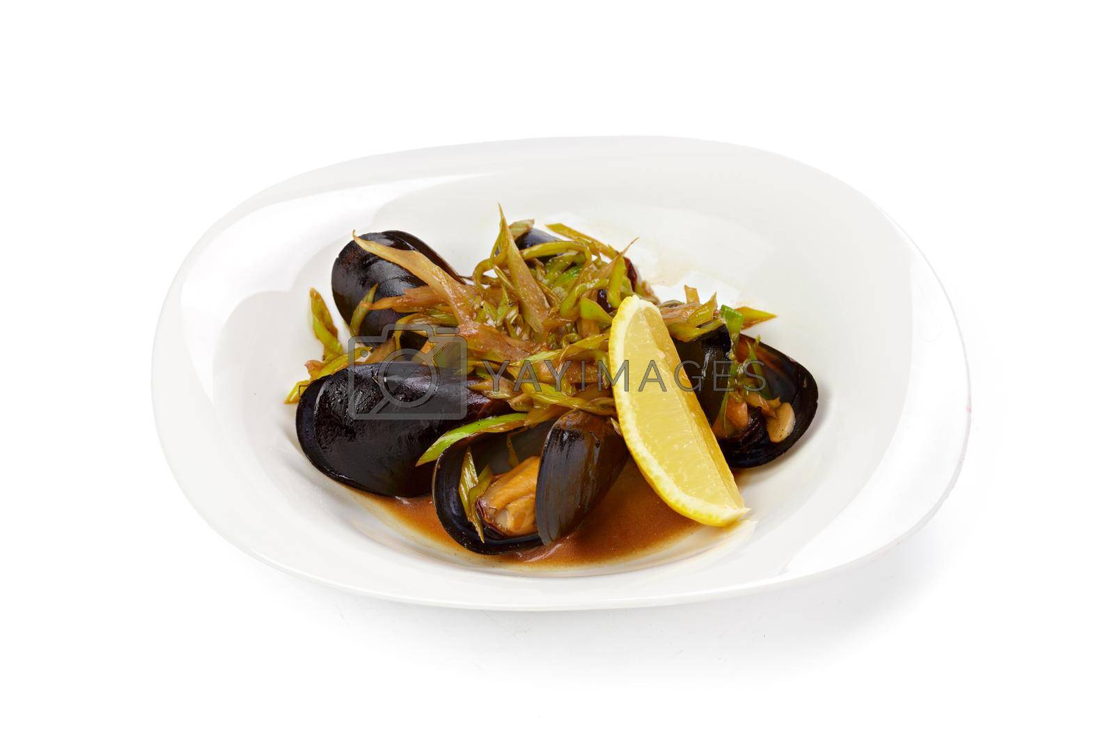 Royalty free image of Cooked mussels in shells isolated on white by Fabrikasimf