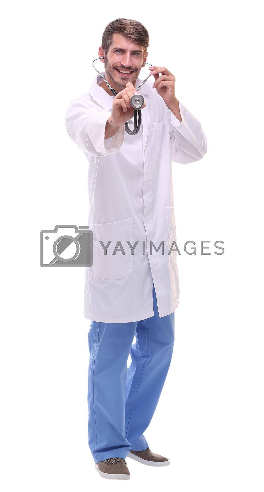 Royalty free image of in full growth. attentive doctor therapist with stethoscope by asdf