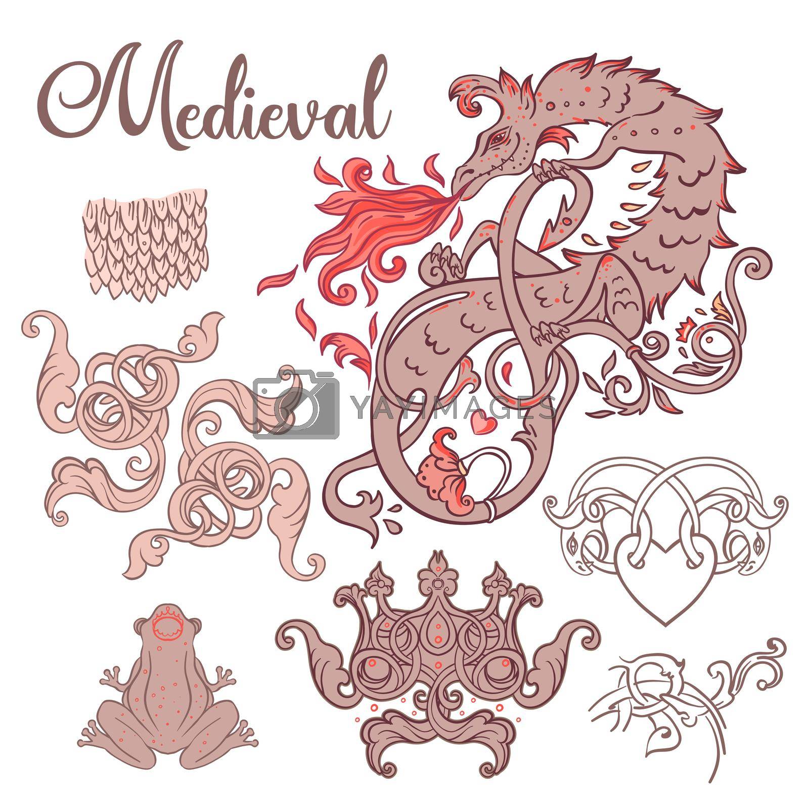 Royalty free image of Medieval style elements set. Mythological magic beast Basilisk, legendary bizarre creature. Decorative design. Vector illustration. by varka