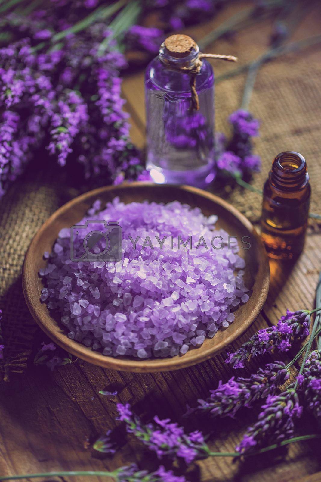 Spa massage setting, lavender product, oil and salt