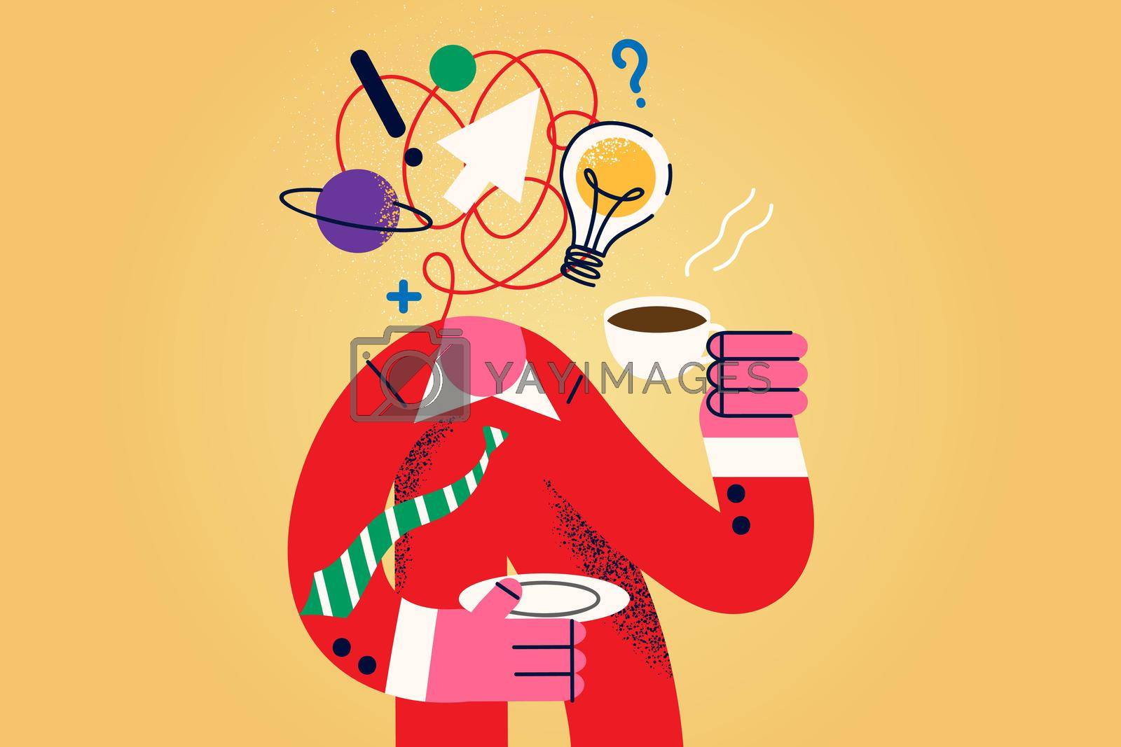 Headless man drink coffee in morning generate ideas in head. Male enjoy refreshing hot drink brainstorm develop business strategies or plans. Routine, habit concept. Flat vector illustration.