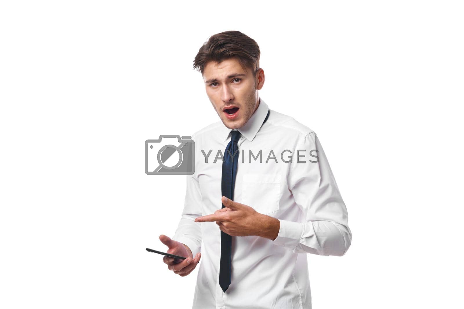 man phone communication success work office isolated background. High quality photo