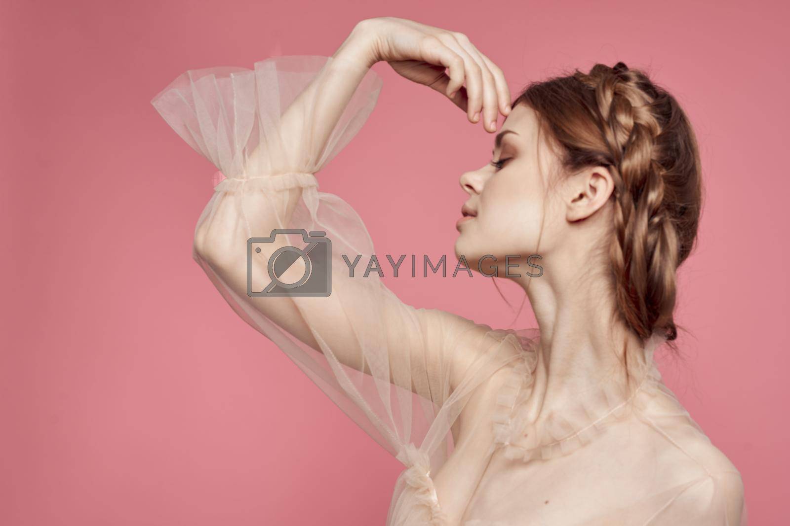 cheerful woman attractive look lifestyle romance pink background. High quality photo