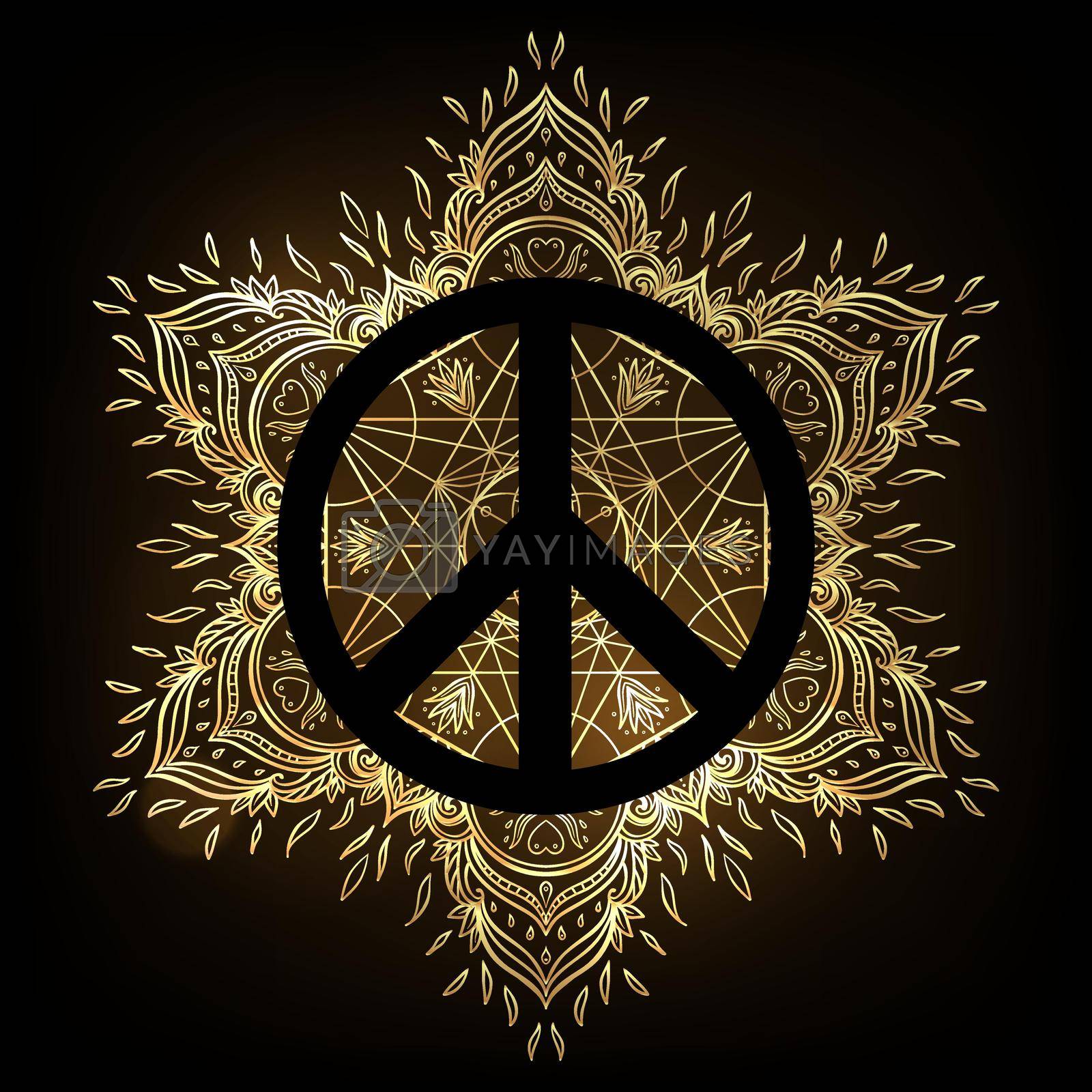 Royalty free image of Peace symbol over decorative ornate background mandala round pattern. Boho, hippie style. Freedom, spirituality, occultism, textiles art. Vector illustration by varka