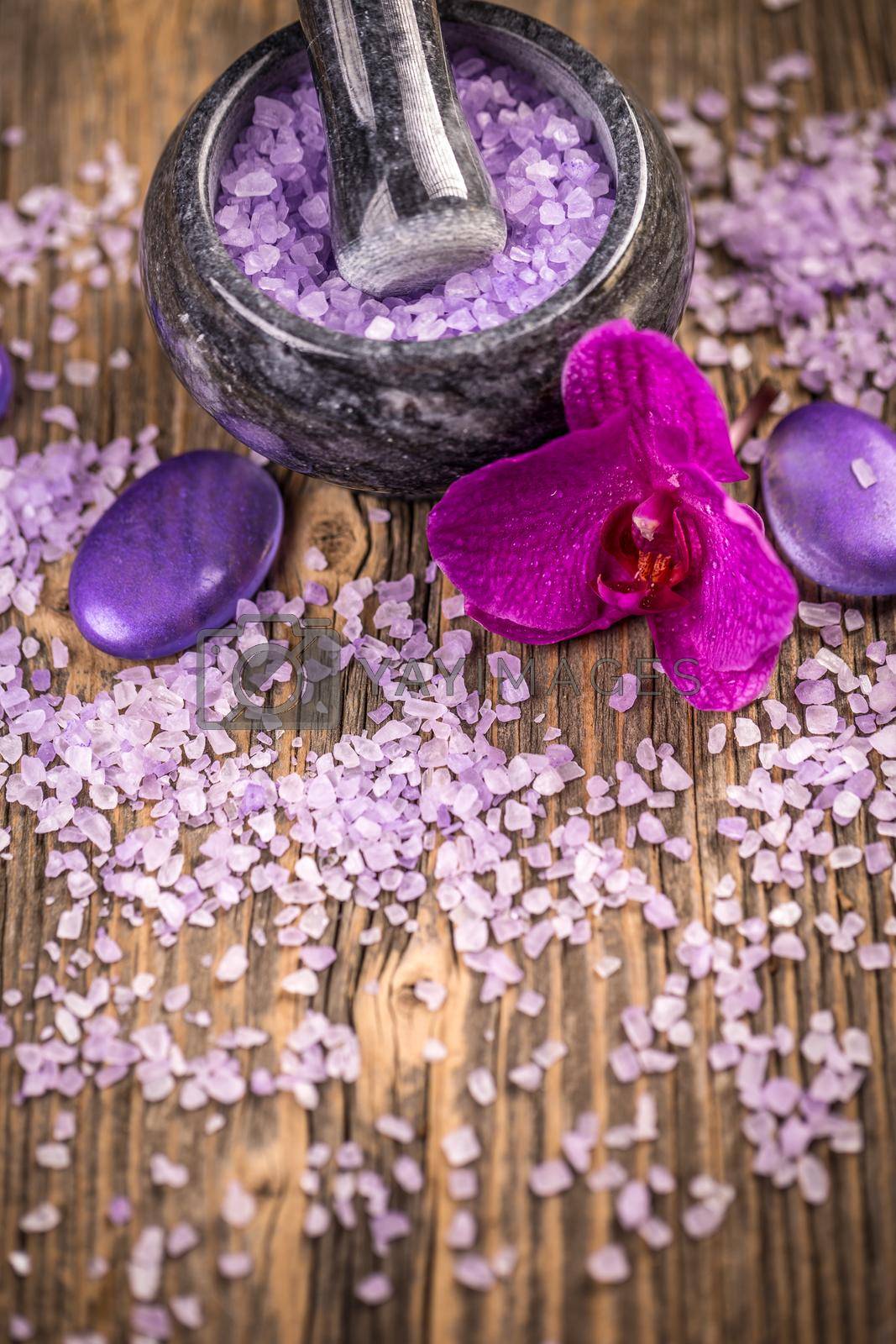 Spa orchid still life setting with lavender bath salt