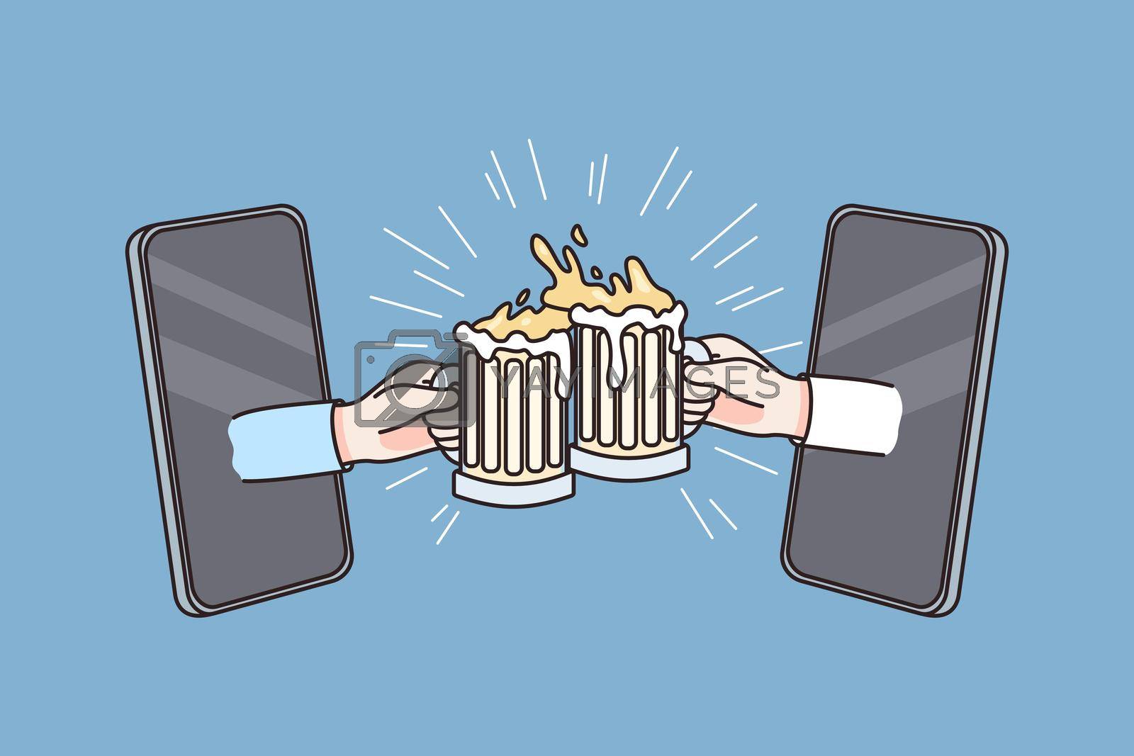 Online party and celebration concept. Human hands clinking glasses with beer online from smartphones screens over blue background vector illustration