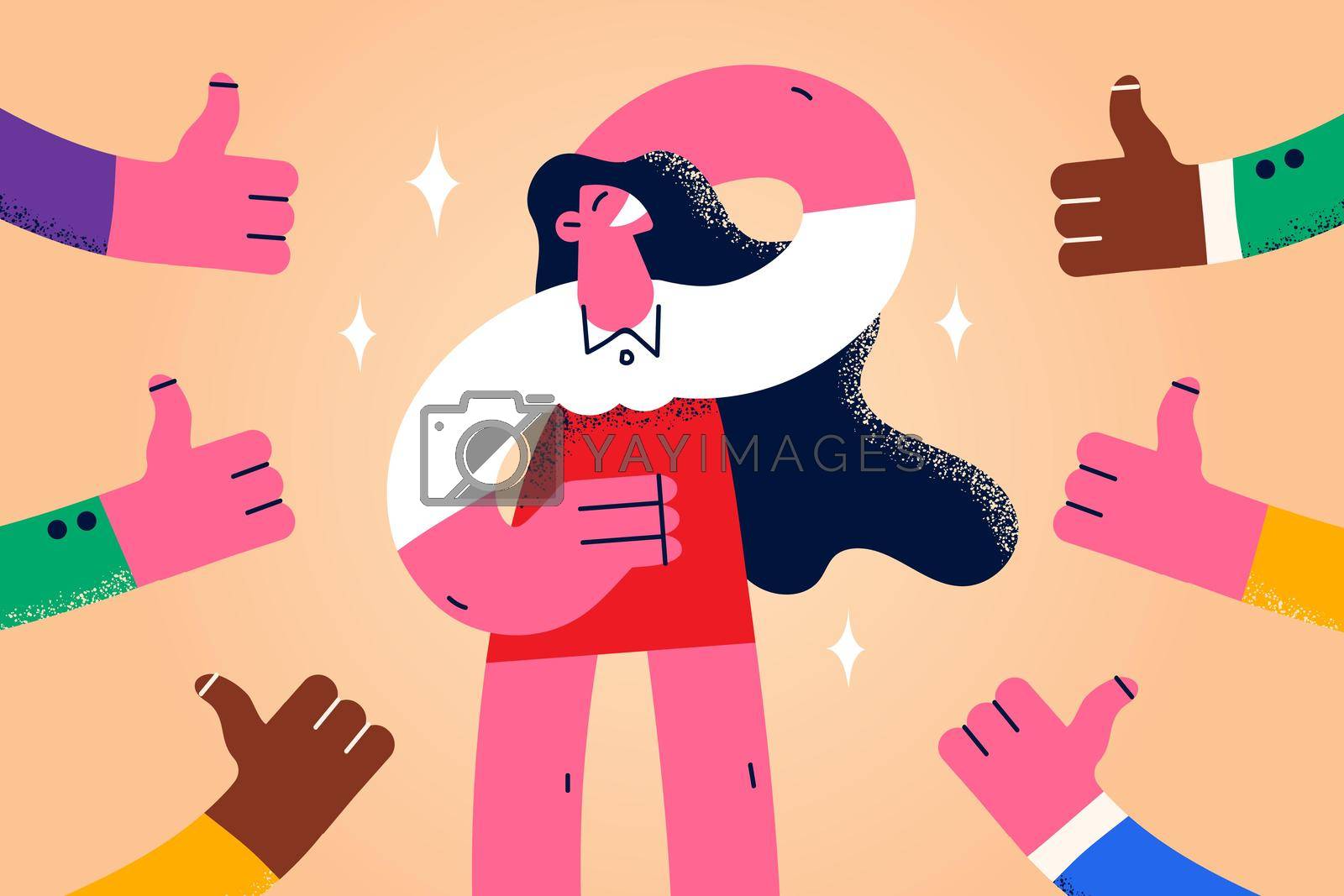 Diverse people show thumbs up to glamorous elegant woman. Smiling young girl feel popular get likes and feedback from subscribers in social media. Recognition, public popularity. Vector illustration.