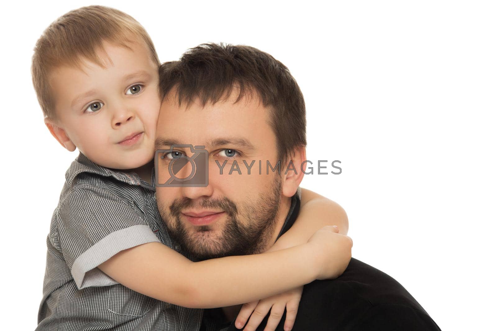 Cute little boy hugging the head of her beloved dad . close-up - Isolated on white background