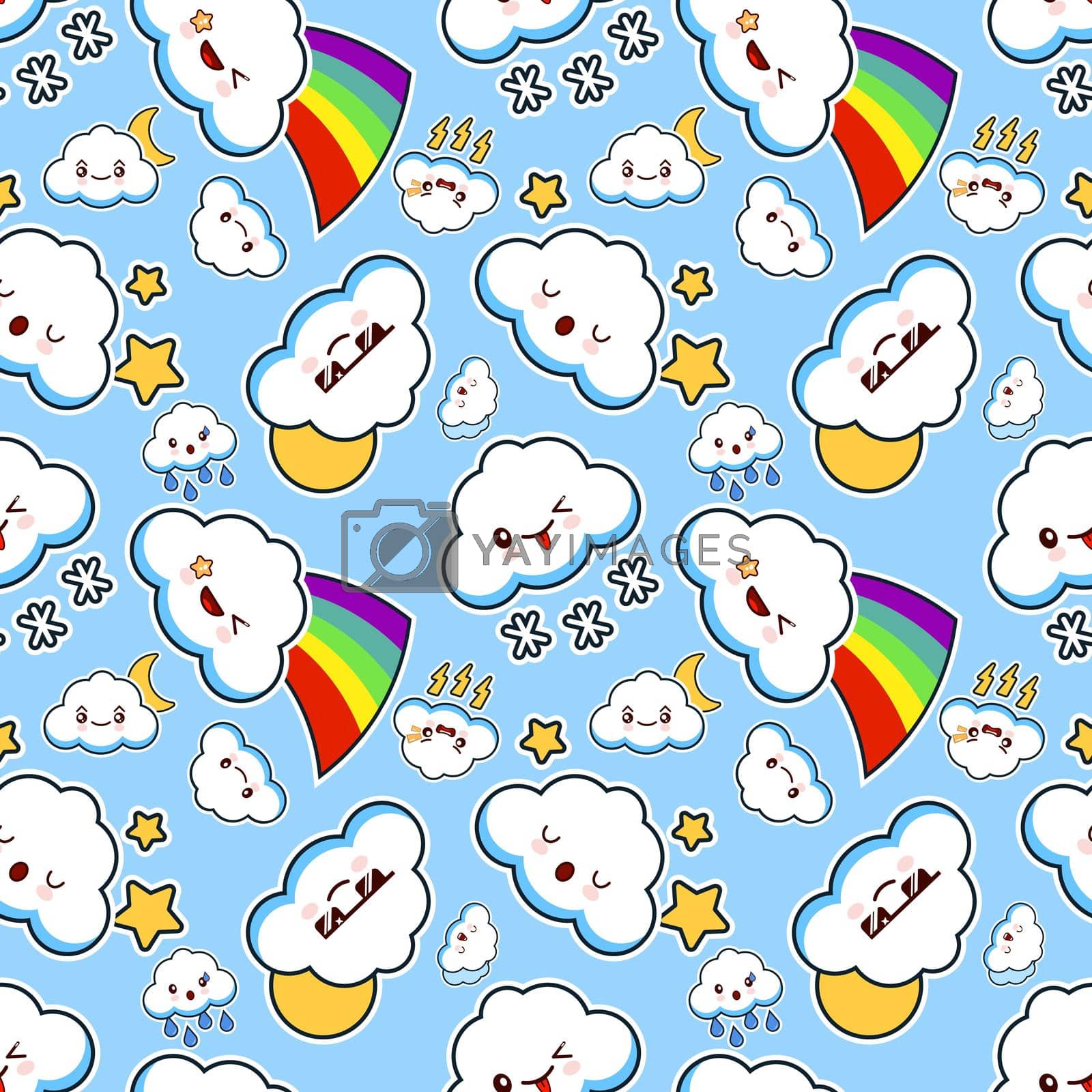 Vector seamless pattern with clouds cute kawaii character in blue colors for backgrounds and clothing designs Flat design EPS