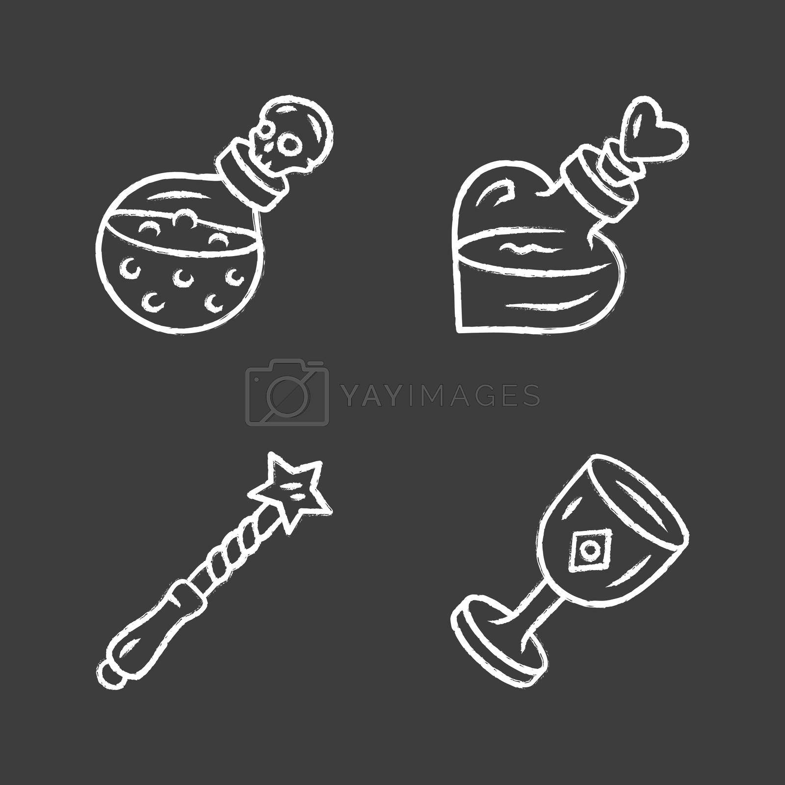 Royalty free image of Magic chalk icons set. Magical death and love potions, witch wand, ceremonial chalice. Witchcraft, occult ritual items. Mystery objects. Isolated vector chalkboard illustrations by bsd