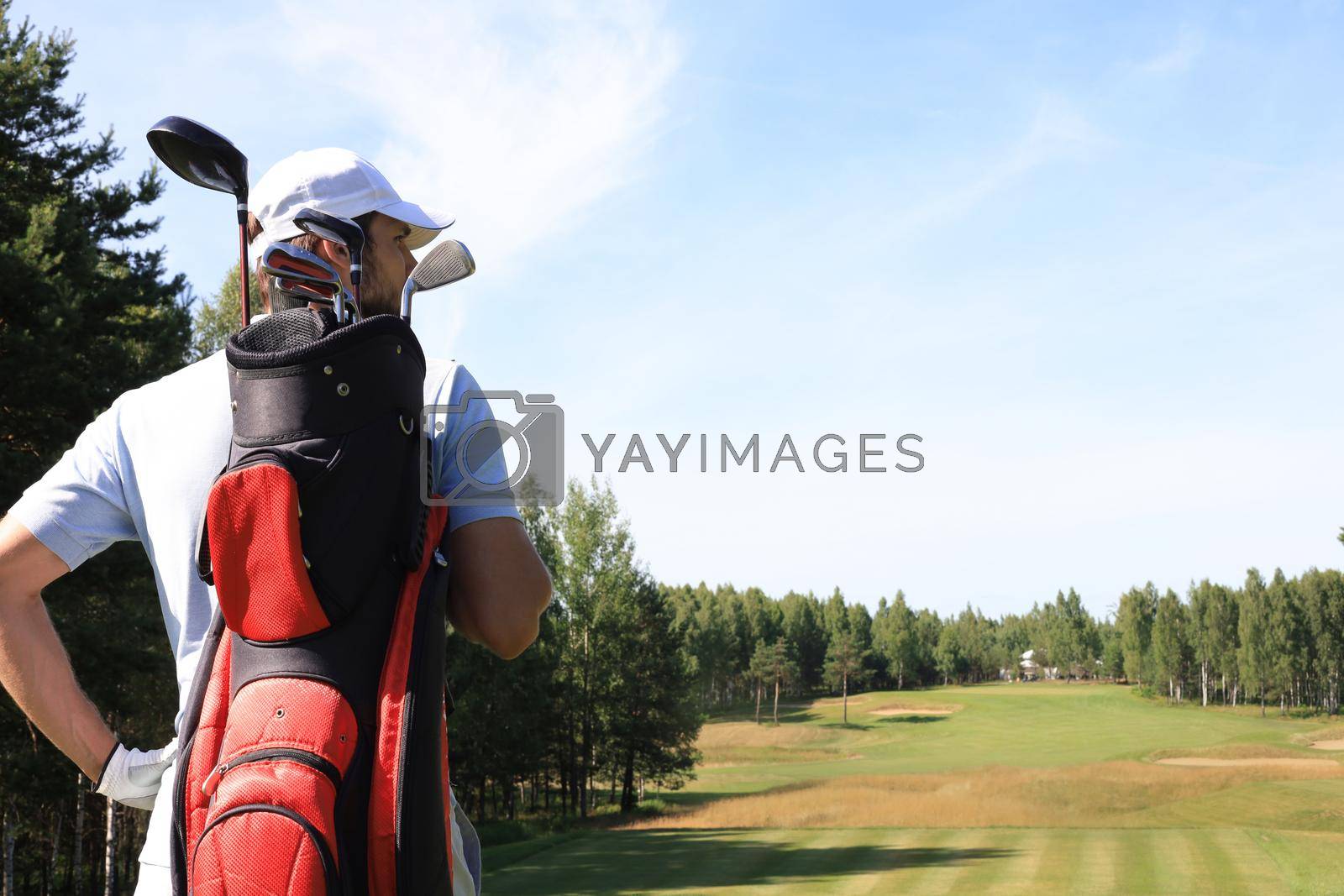 Royalty free image of Golf player walking and carrying bag on course during summer game golfing. by tsyhun