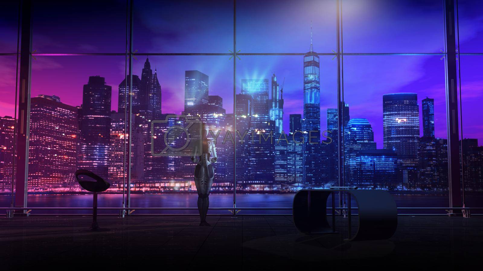 Royalty free image of Robot in the office against the backdrop of the night cityscape, 3D render. by ConceptCafe