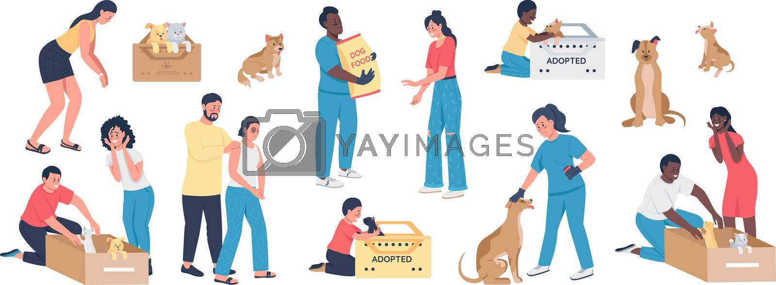 Adopting pets semi flat color vector character set. Posing figures. Full body people on white. Rescue animals isolated modern cartoon style illustration for graphic design and animation collection