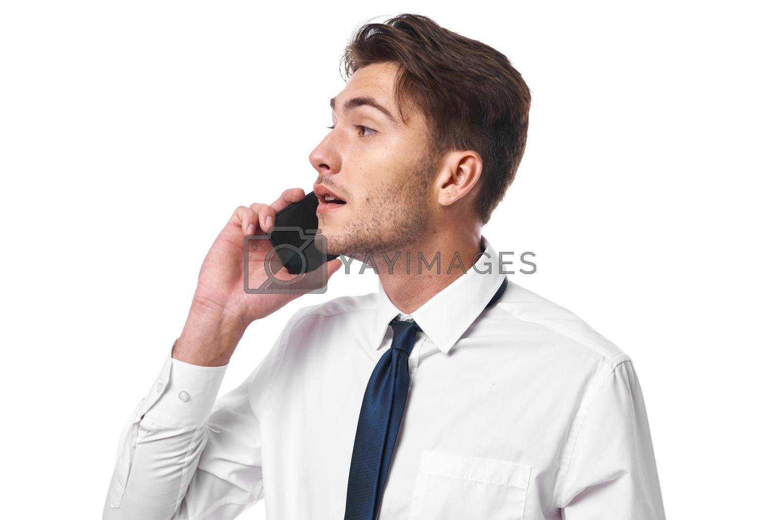 a person phone communication success work office isolated background. High quality photo