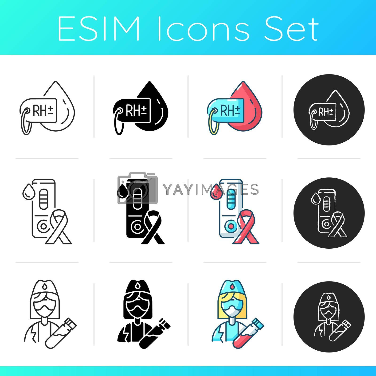 Healthcare examination icons set. Blood group test. HIV analysis. Check for AIDS. Lab worker with sample. Examination for diabetes. Linear, black and RGB color styles. Isolated vector illustrations