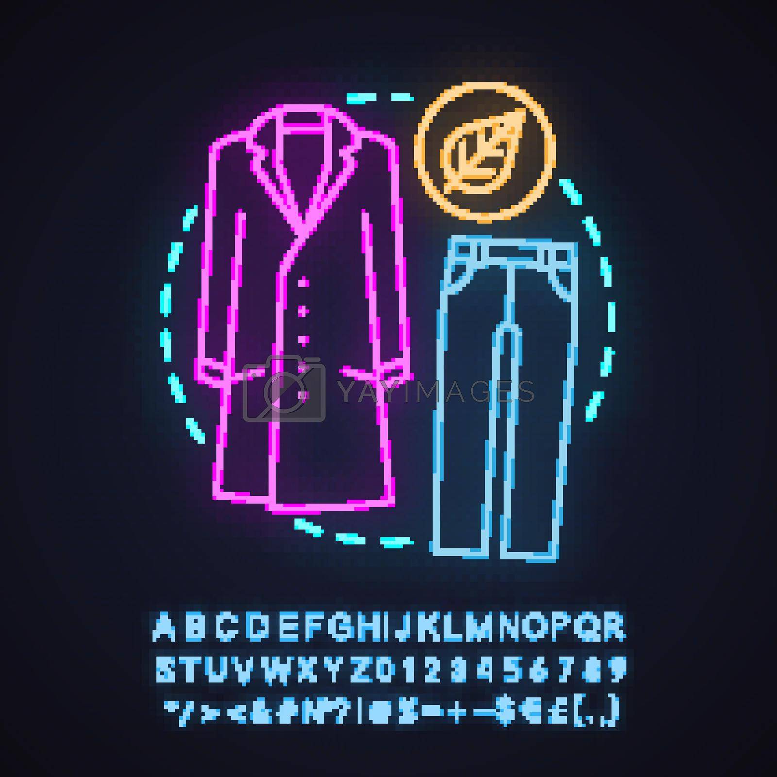 Fall fashion neon light concept icon. Autumn outfit idea. Clothing store. Coat and trousers. Glowing sign with alphabet, numbers and symbols. Vector isolated illustration