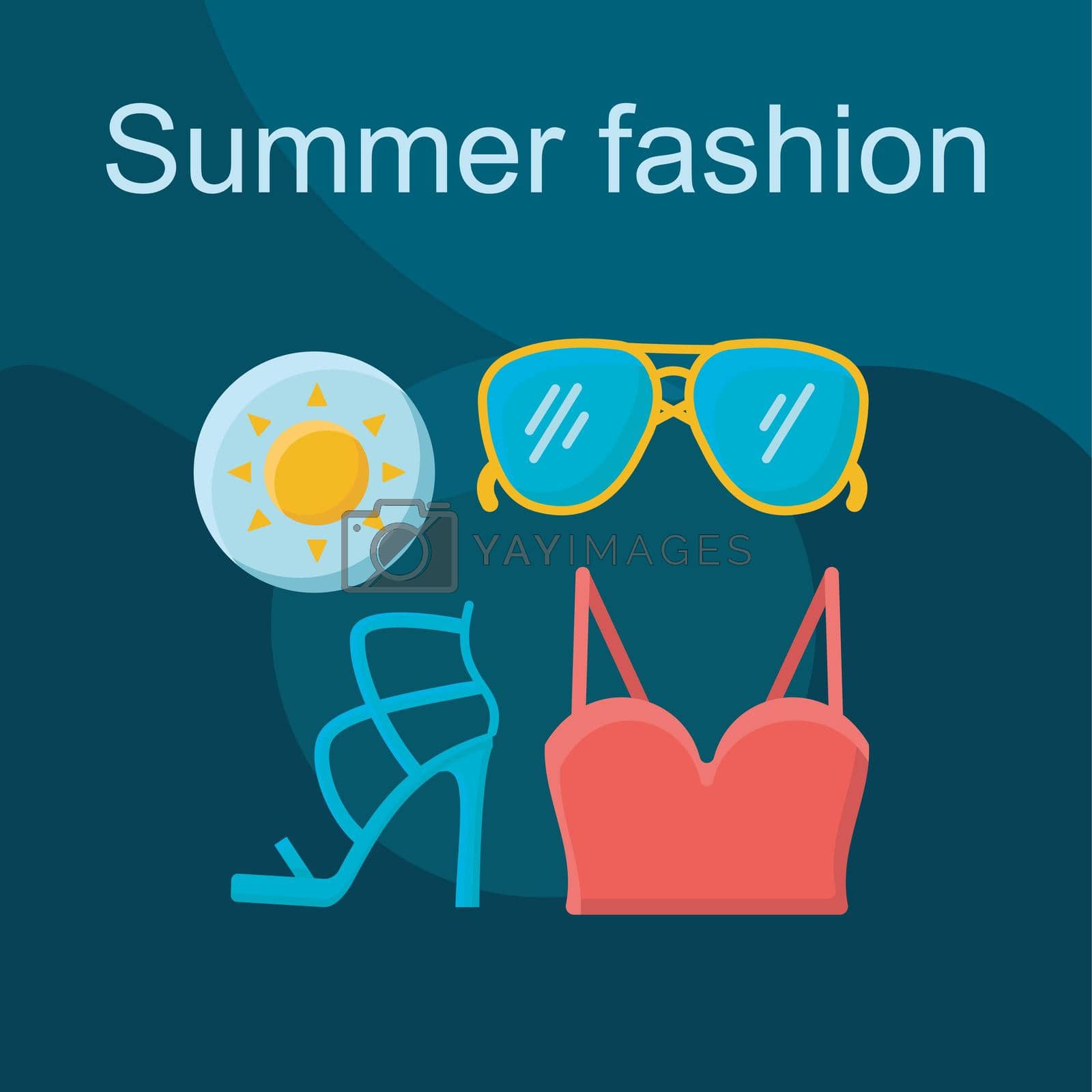 Summer fashion flat concept vector icon. Shopping idea cartoon color illustrations set. Clothes, shoes, accessories. Womens outfit. Crop top, sunglasses, high heels. Isolated graphic design element