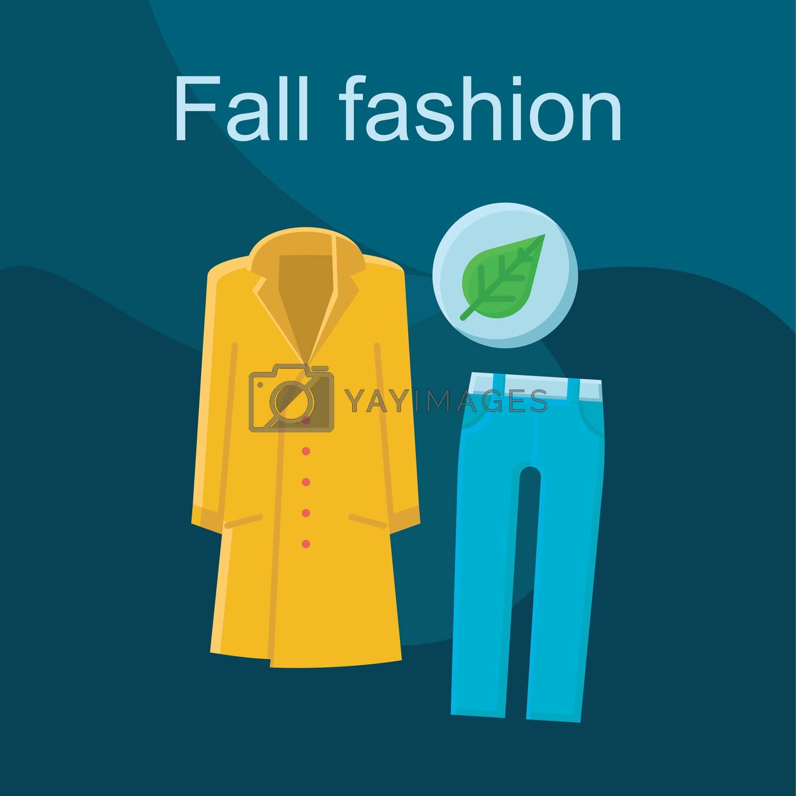 Fall fashion flat concept vector icon. Shopping idea cartoon color illustrations set. Autumn outfit. Clothing store. Womens wear. Warm coat, jacket. Trousers, jeans. Isolated graphic design element