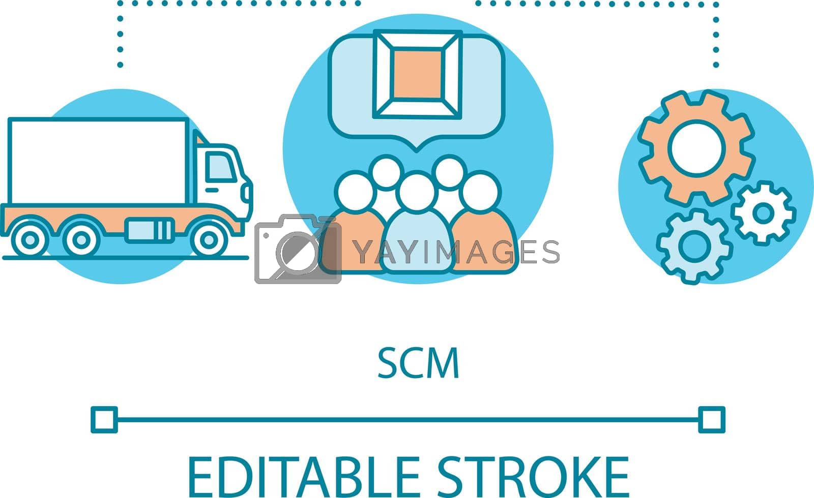 SCM concept icon. Supply Chain Management idea thin line illustration. Logistic, delivery, consumption. Teamwork. Business, corporate sustainability. Vector isolated outline drawing. Editable stroke