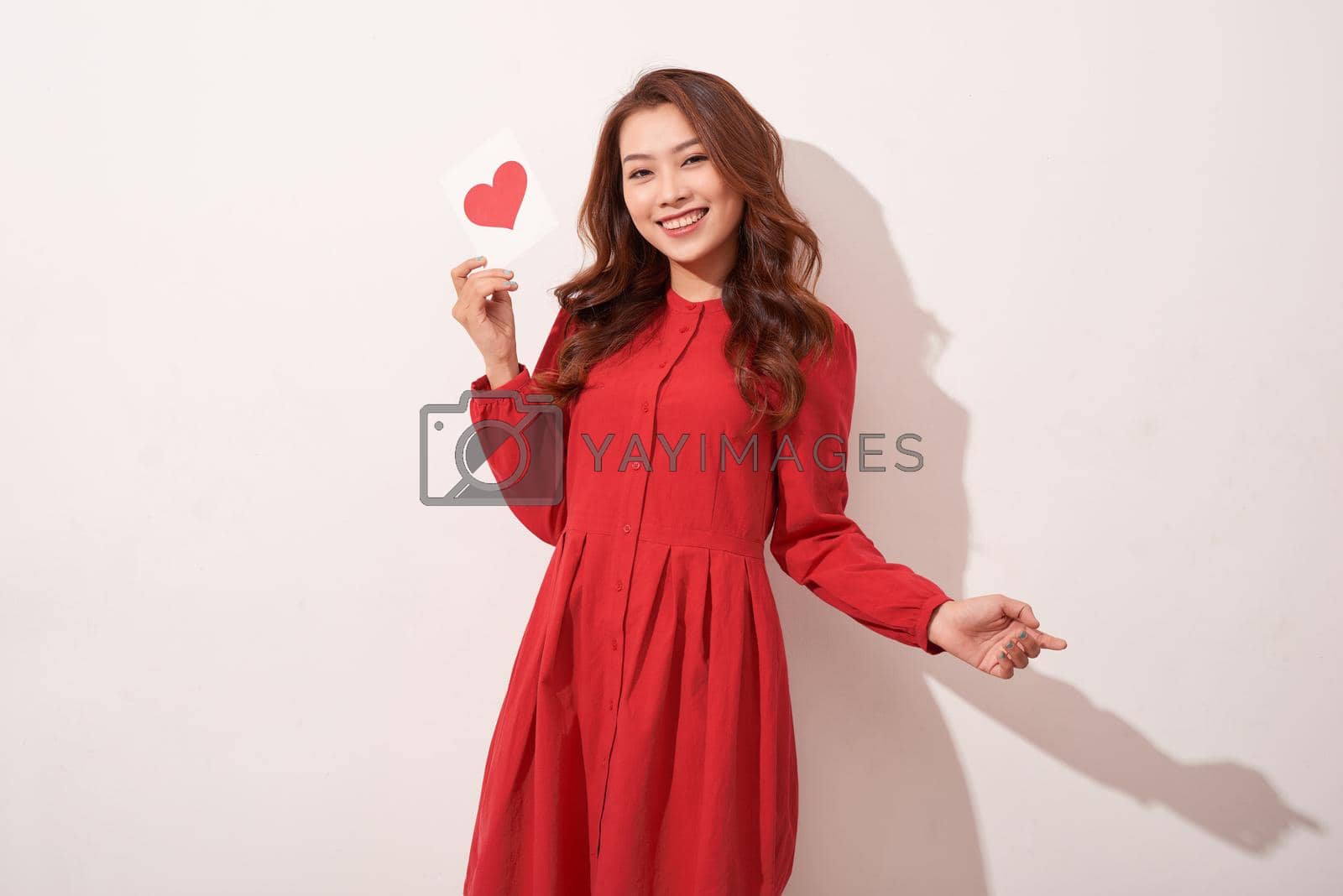 Lovely female with red heart. Celebration of Valentine day. Love concept