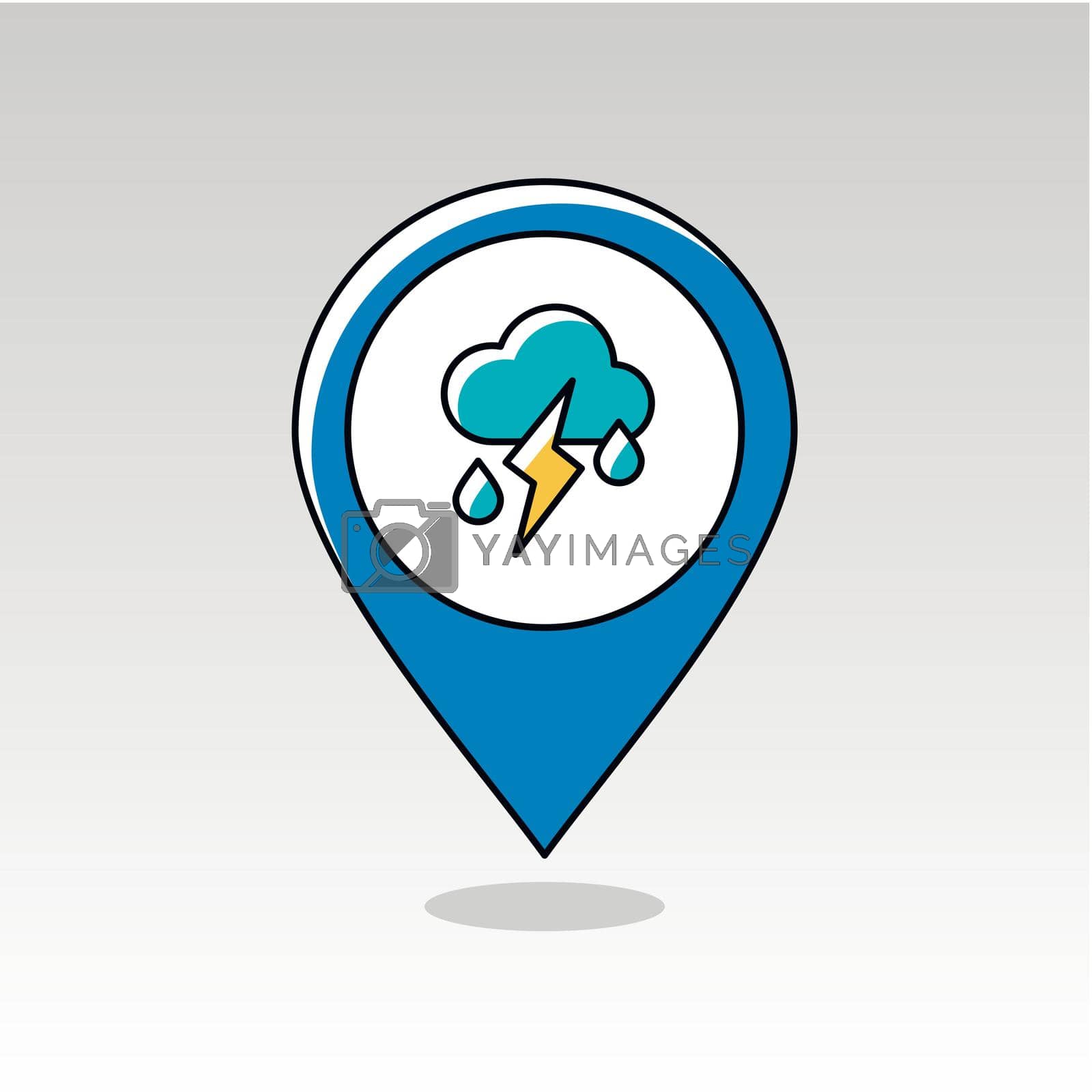 Cloud Rain Lightning outline pin map icon. Map pointer. Map markers. Meteorology. Weather. Vector illustration eps 10